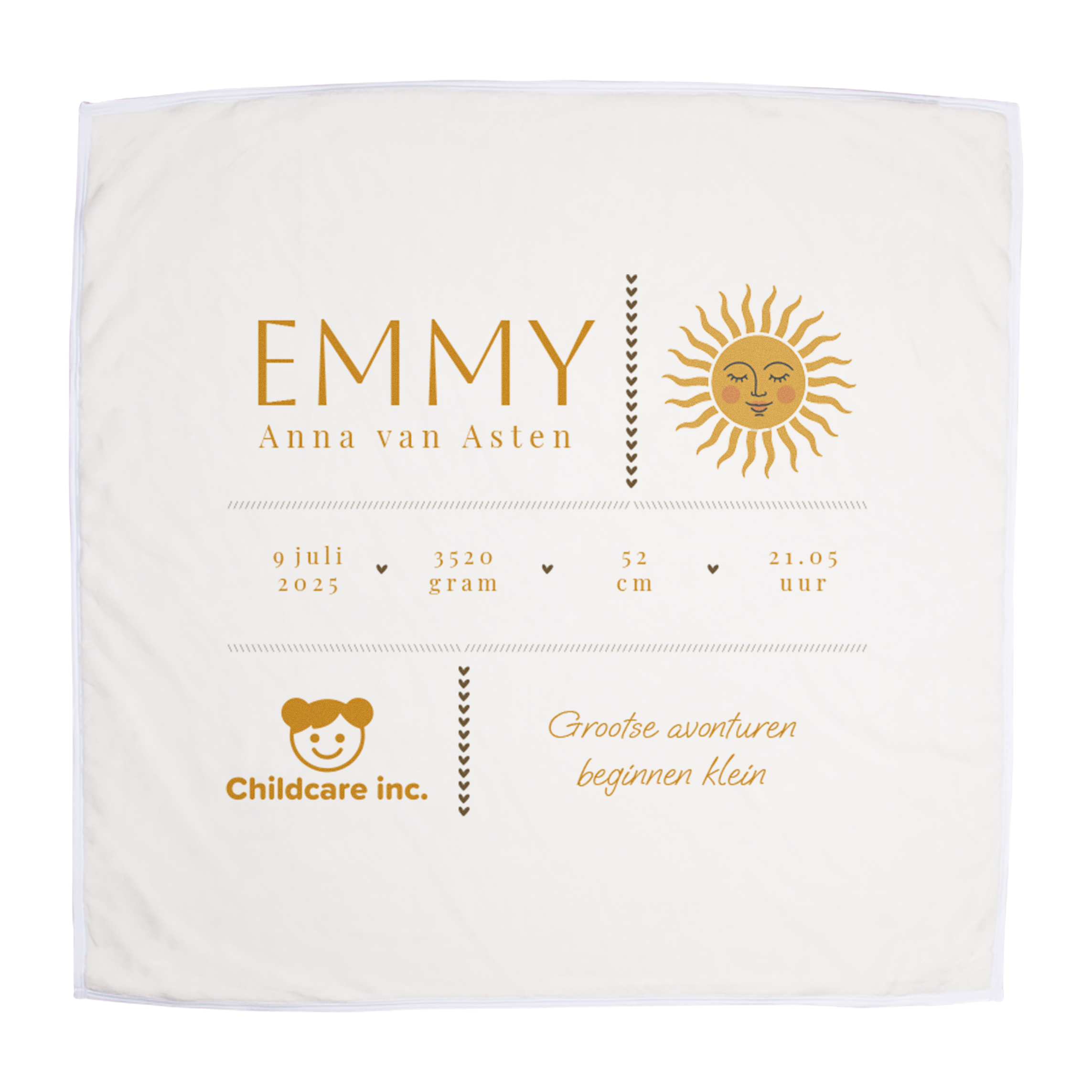 Witte babydeken met naam Emmy en geboortedetails, geprint met zon en hartjes.