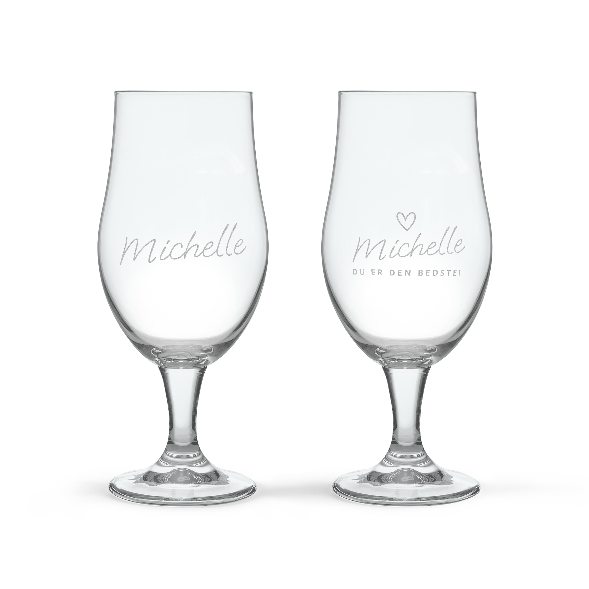 To indgraverede ølglas med navn Michelle og en personlig tekst Du er den bedste