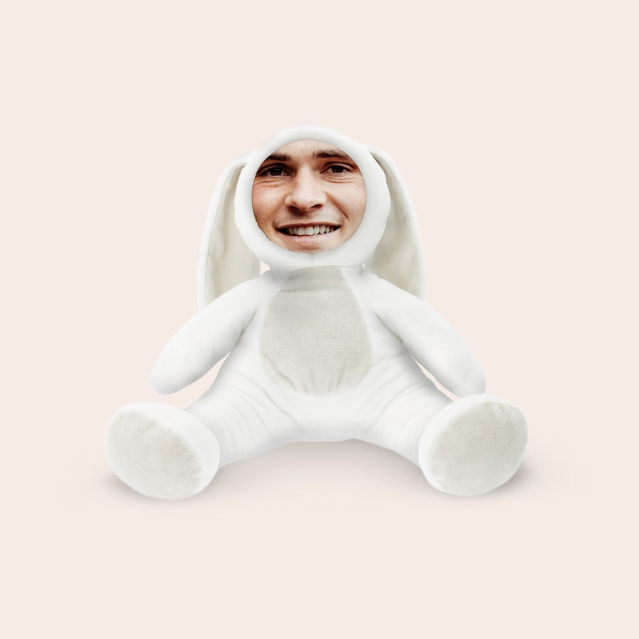 Peluche ItsieMe - Coniglietto Peluche ItsieMe coniglio bianco personalizzabile con foto stampata del volto di un uomo sorridente