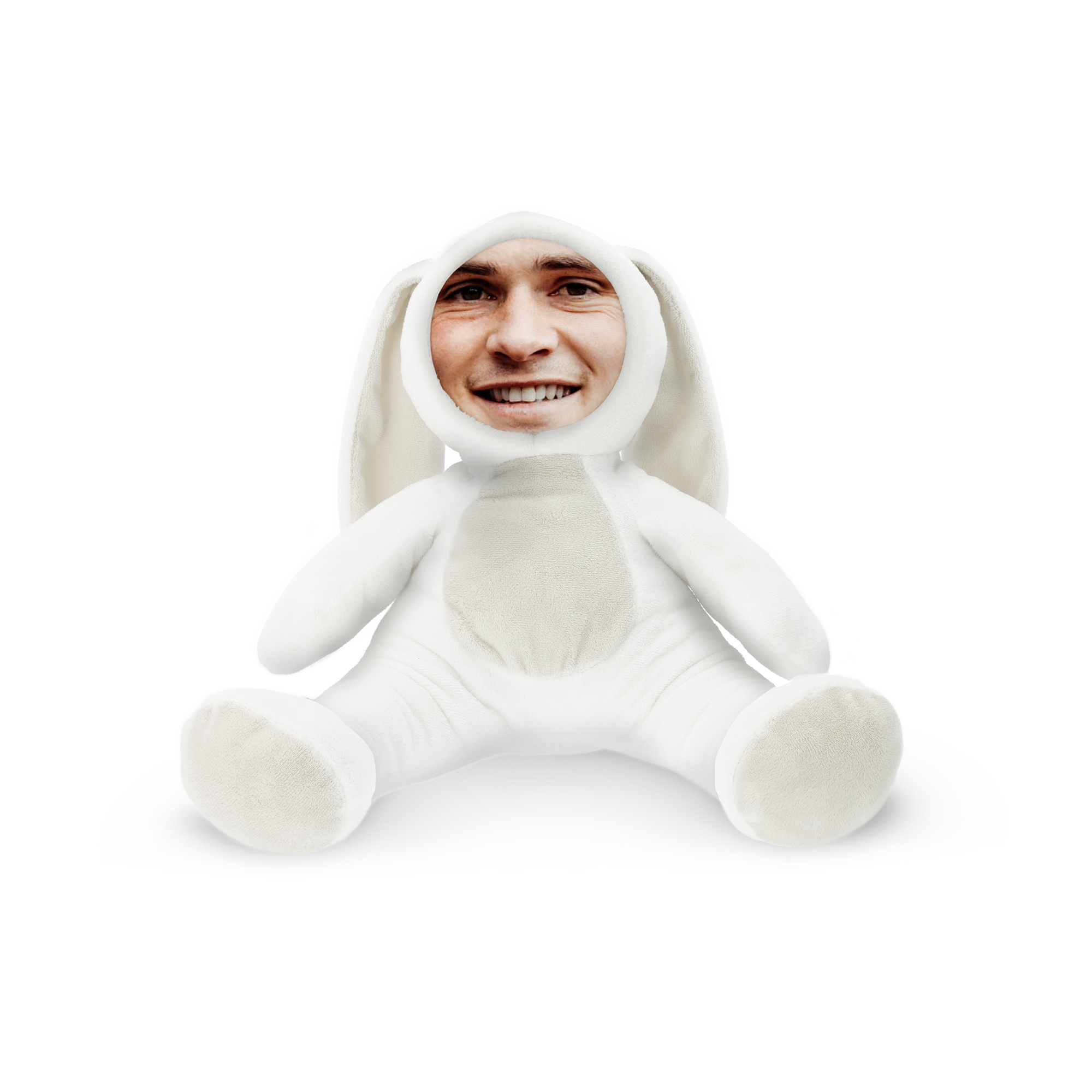 Söt plysch ItsieMe kanin med personligt foto tryckt på det avtagbara huvudet.
