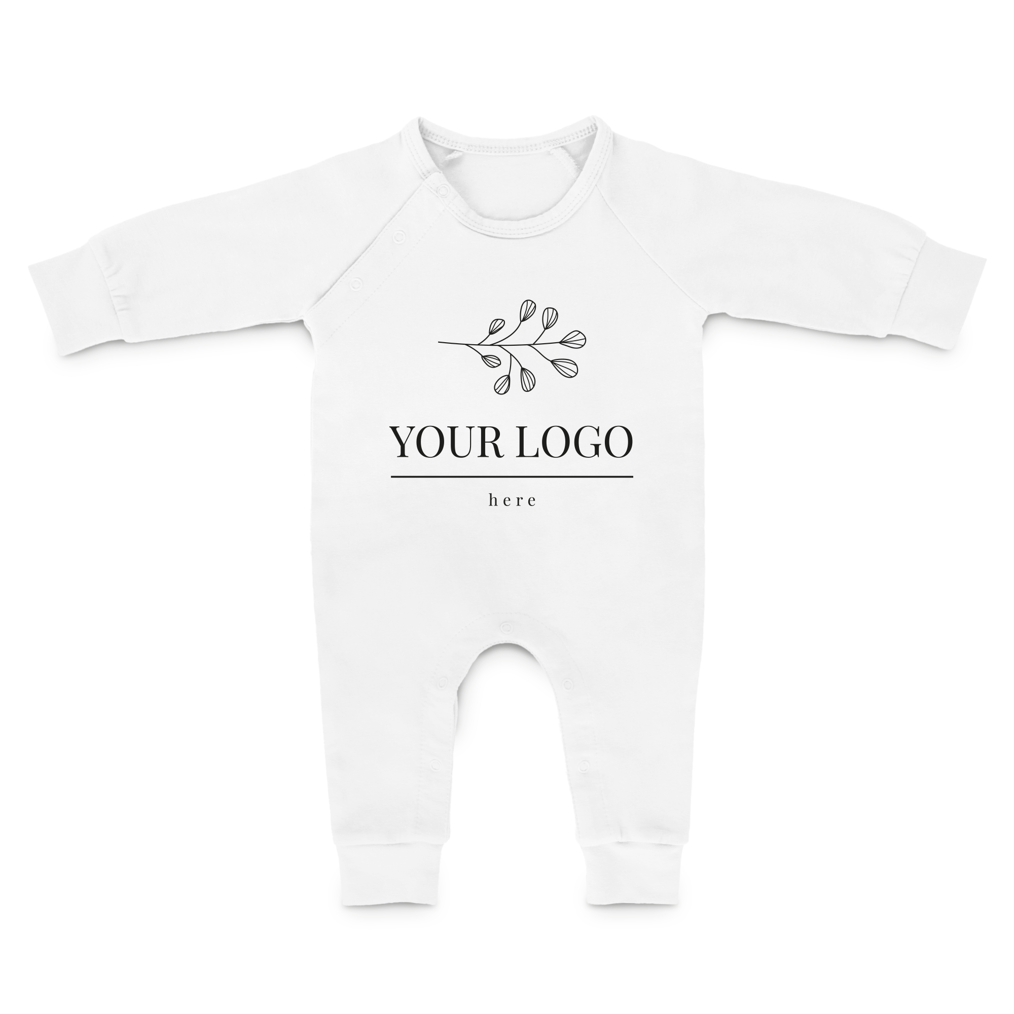 Body blanco de manga larga para bebé con un logo de ejemplo y un dibujo de hojas, personalizable para ¡A mover esas piernas gorditas en un body personalizado!