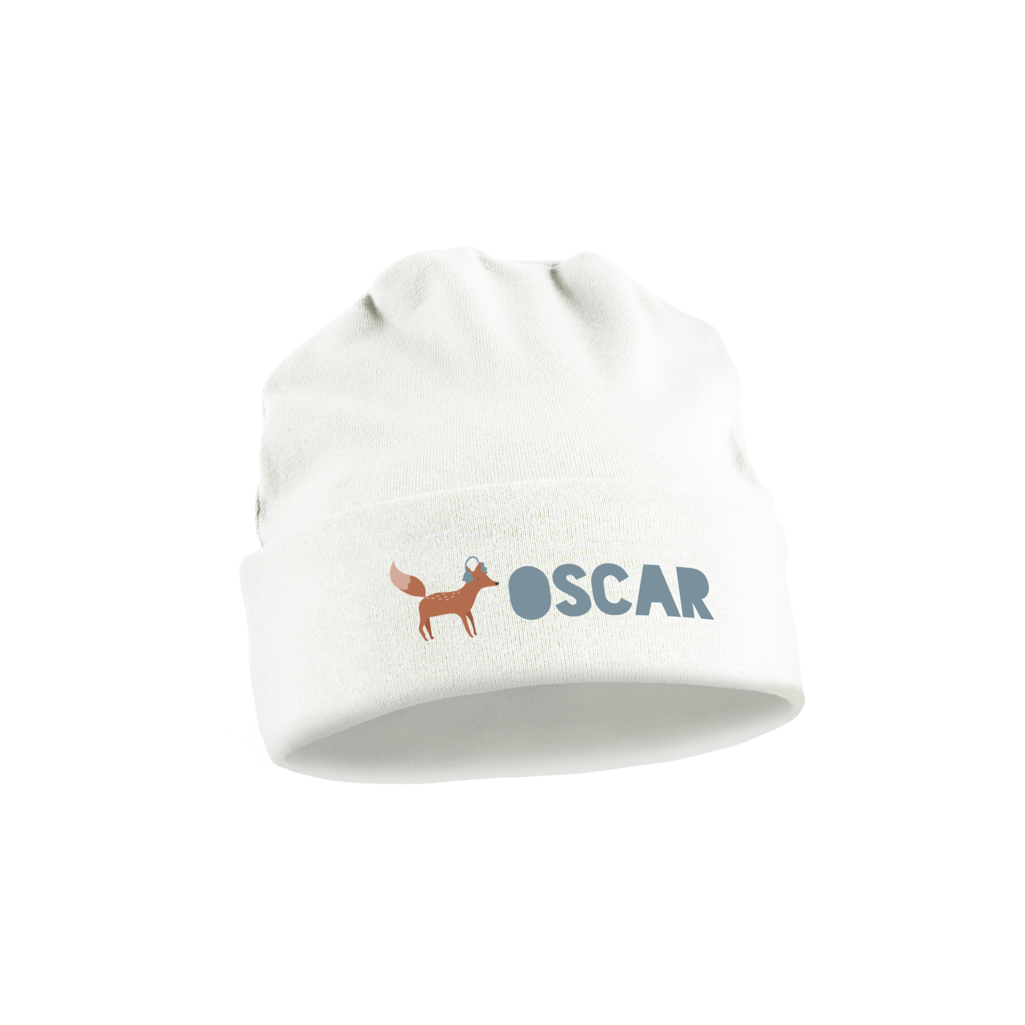 Căciulă albă pentru bebeluși, personalizată prin imprimare cu numele OSCAR și o vulpe simpatică, pentru Faceți primul lor Crăciun extra special cu o cămașă pentru bebeluși personalizată!