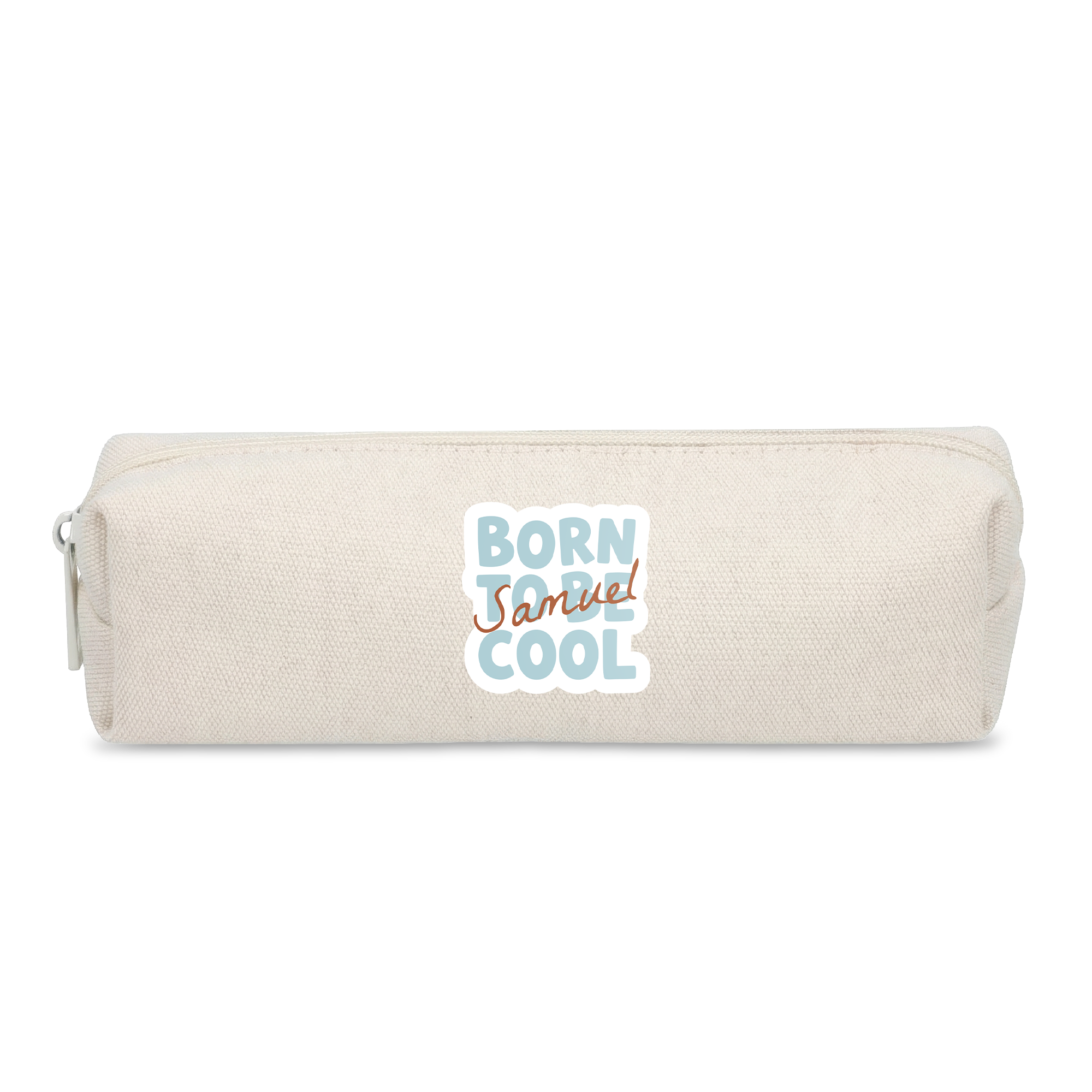 Personalised pencil case - Beige, printed with Born To Be Cool text and a custom name like Samuel