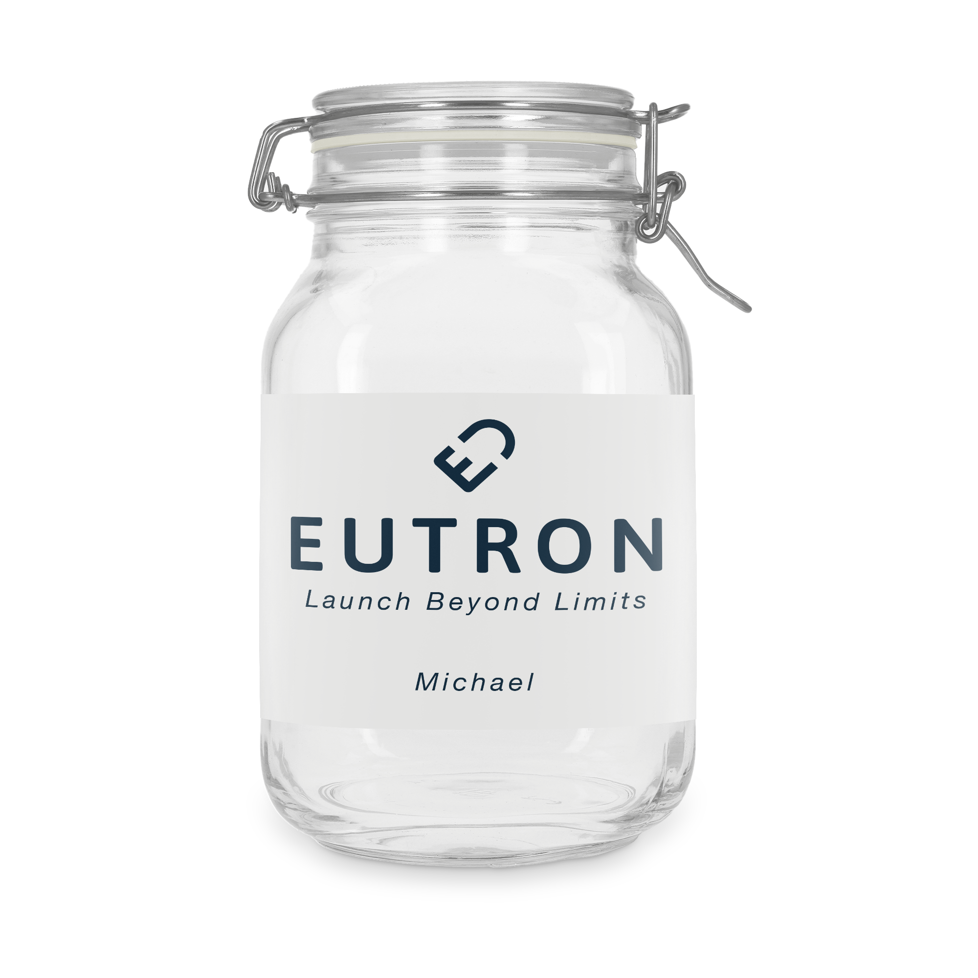 Pote de vidro com tampa de 2l personalizado com logotipo EUTRON e nome Michael