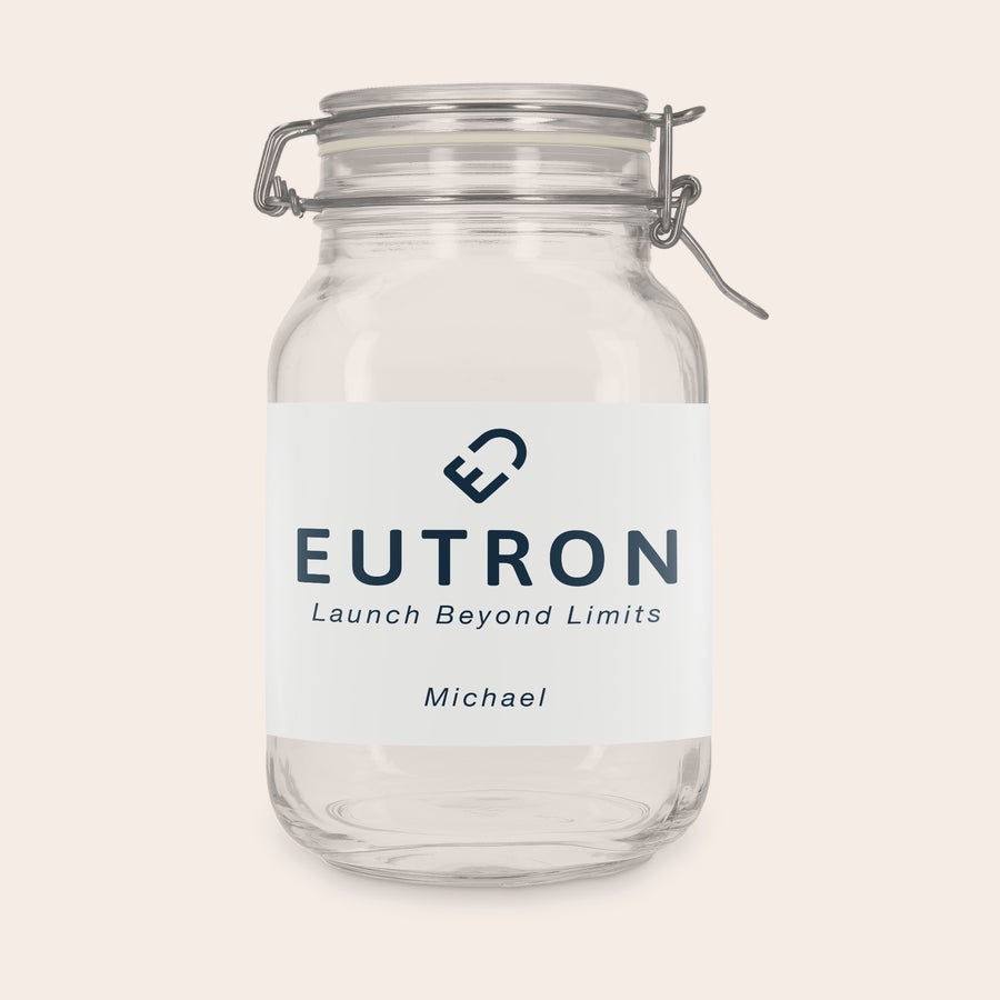 Glass jar with lid - personalised Personalised glass jar with hinged lid, 2L capacity, printed with a white label featuring the EUTRON logo and name Michael