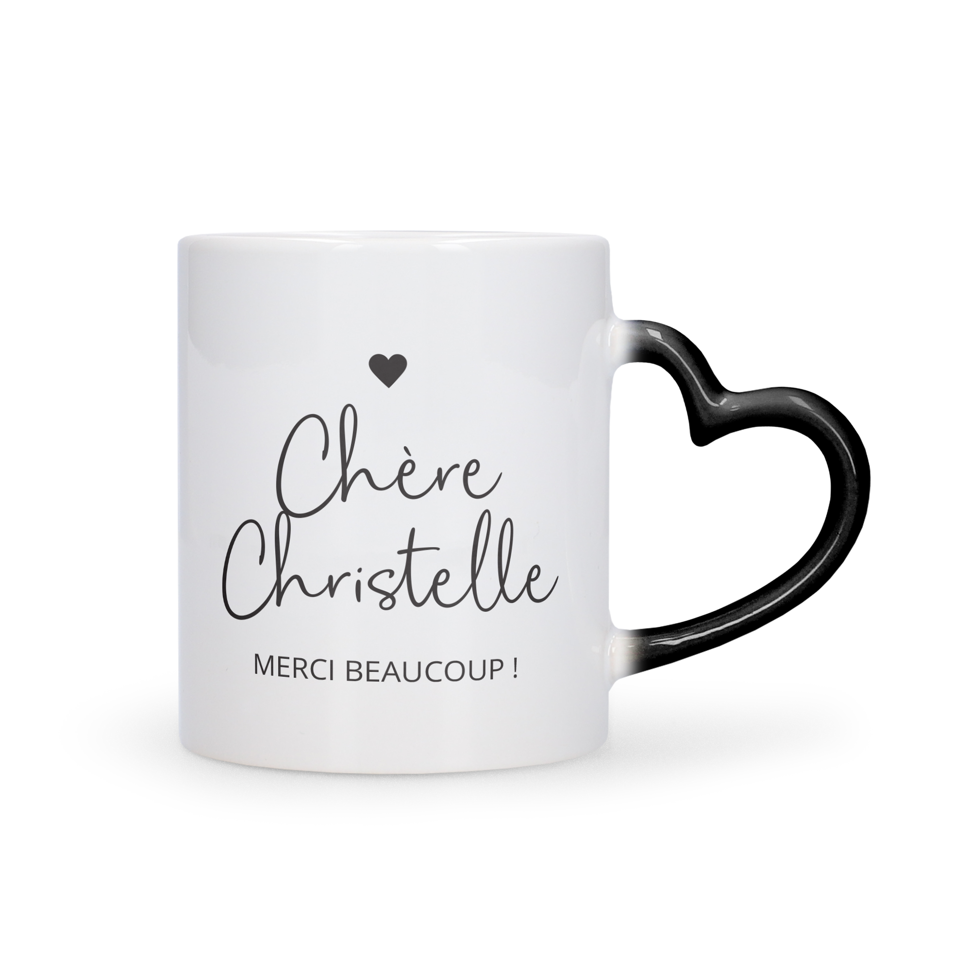 Mug magique personnalisé blanc avec anse en cœur noir, imprimé Cher Christelle Merci beaucoup
