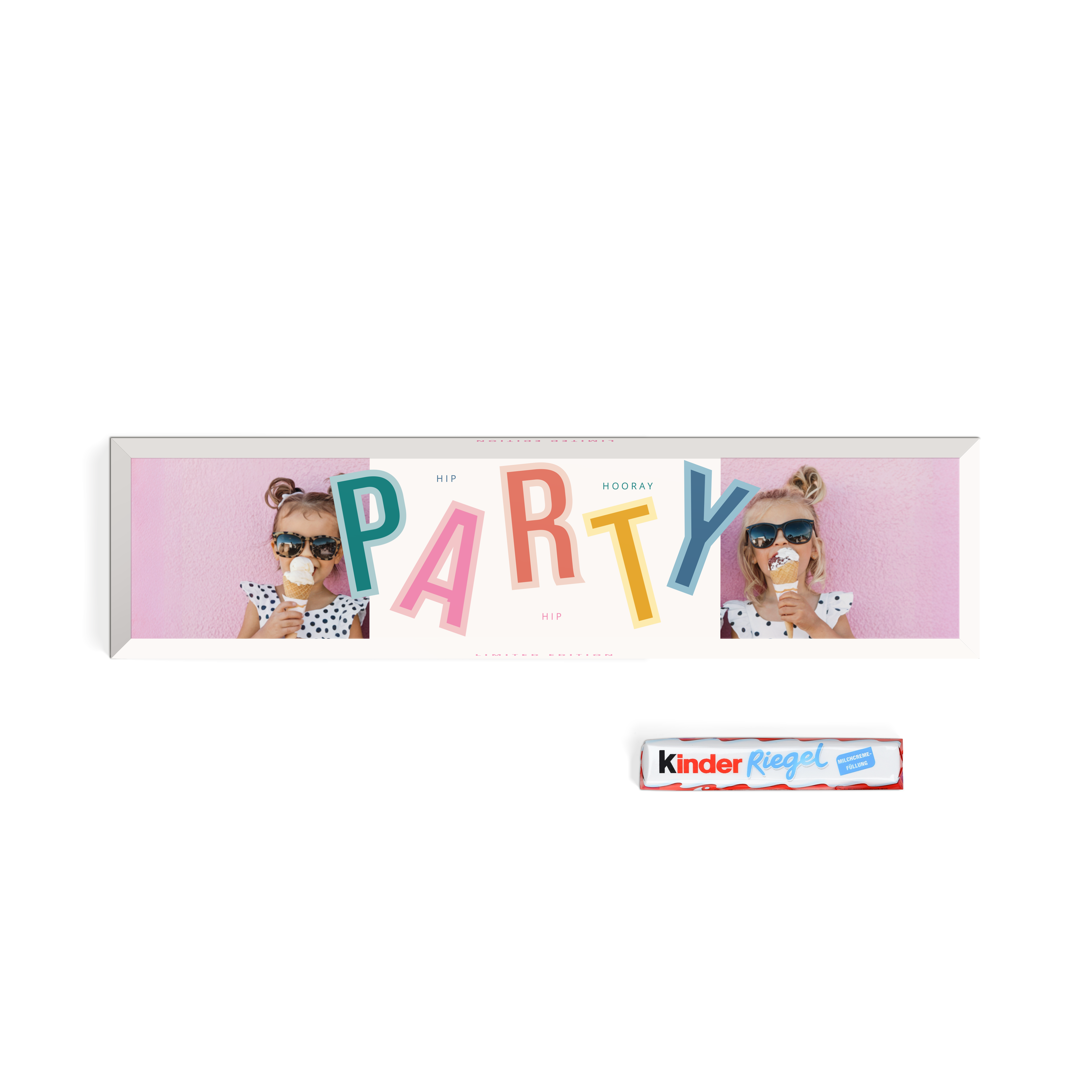 kinder sjokolade XXL bar med navn, trykt med to barn og ordet PARTY.