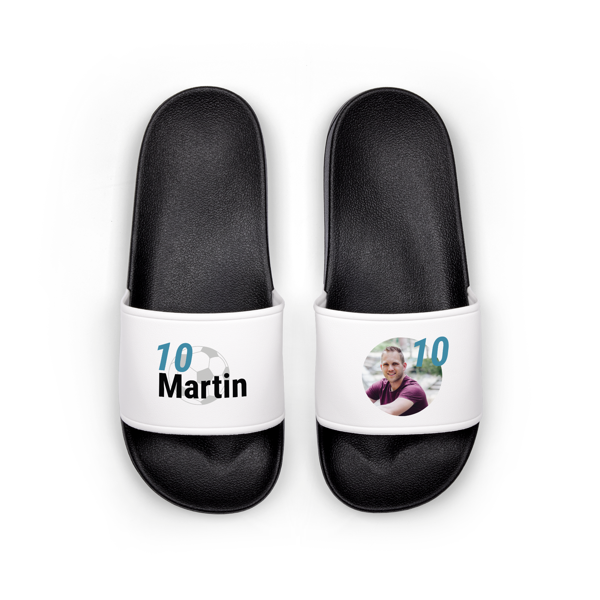 White personalised sliders with a soccer ball, number 10, and the name Martin, plus a printed photo of a man