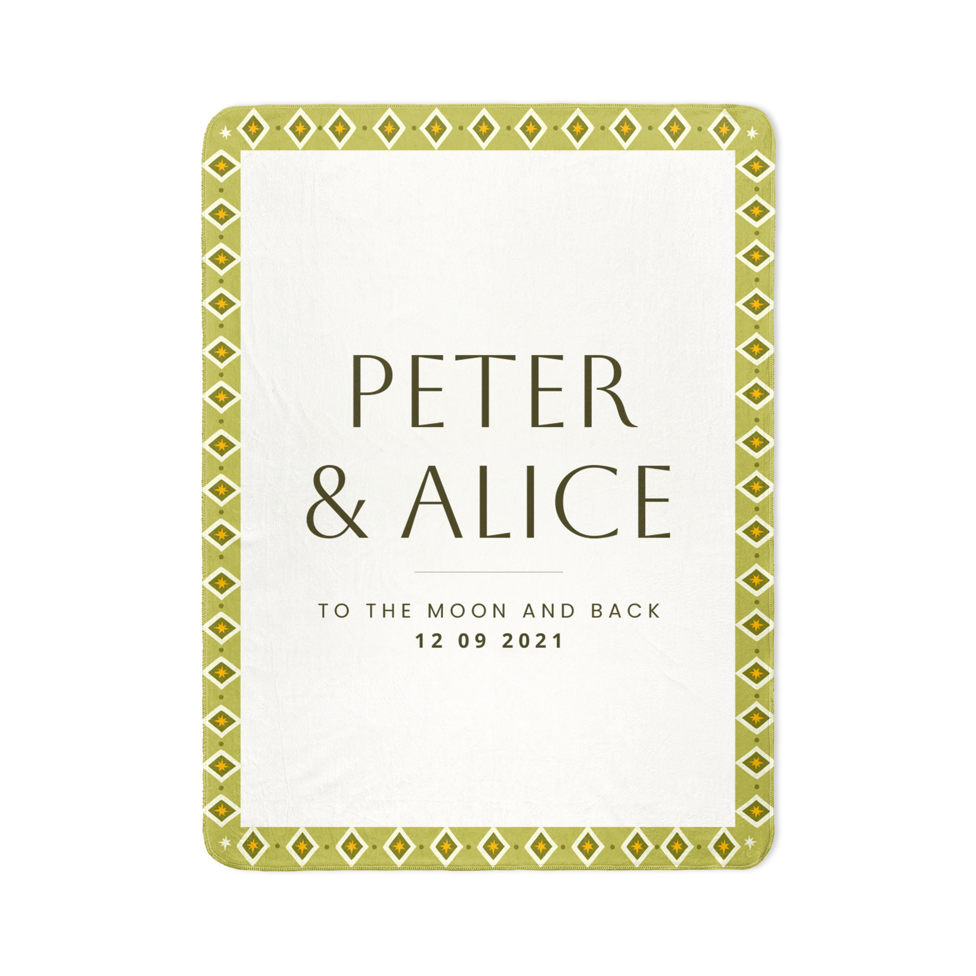 Personalizirana foto odeja iz flisa z imeni Peter & Alice ter sporočilom in datumom, odtisnjena po meri.