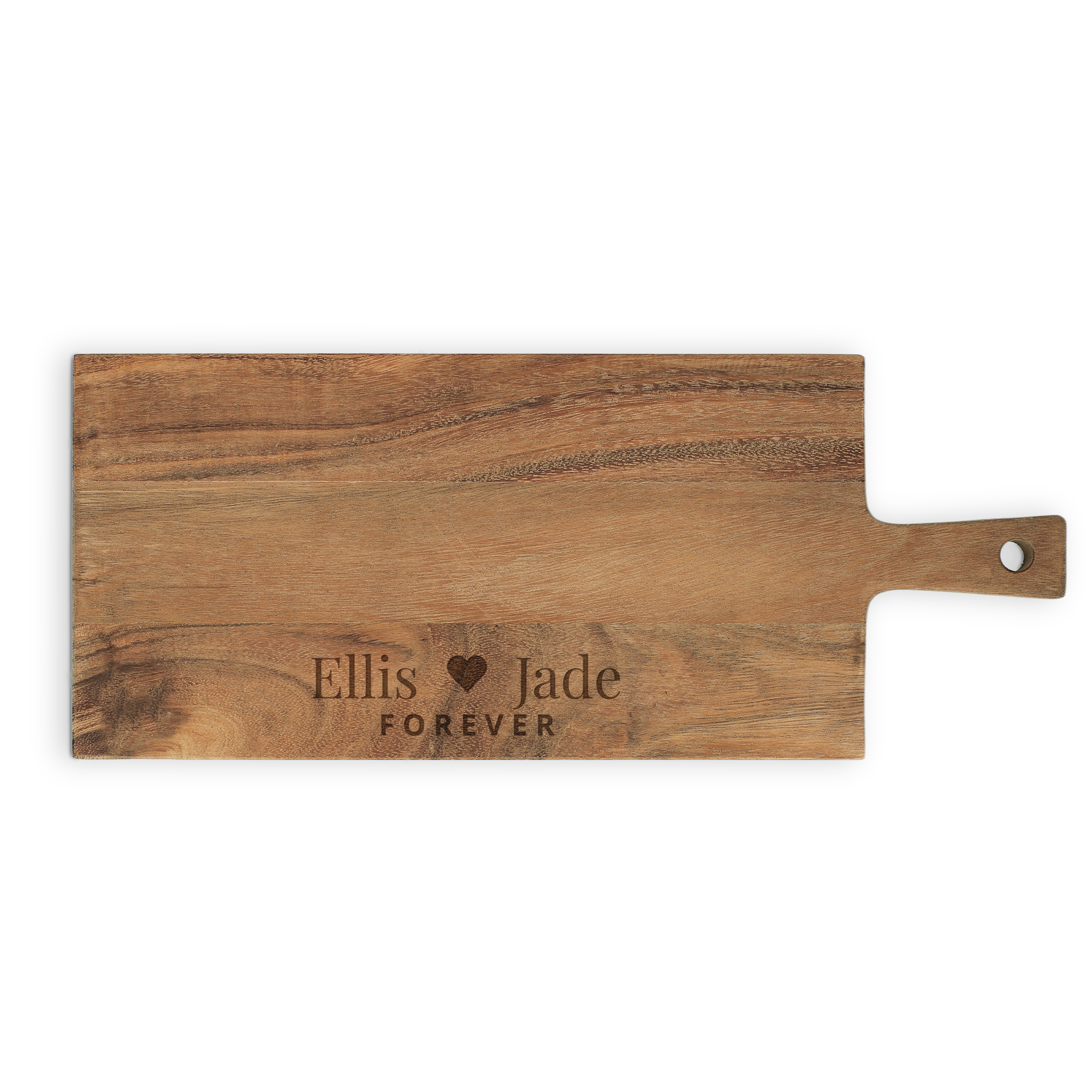 Tabla de madera personalizada grabada con los nombres Ellis y Jade, y la palabra "FOREVER" debajo.