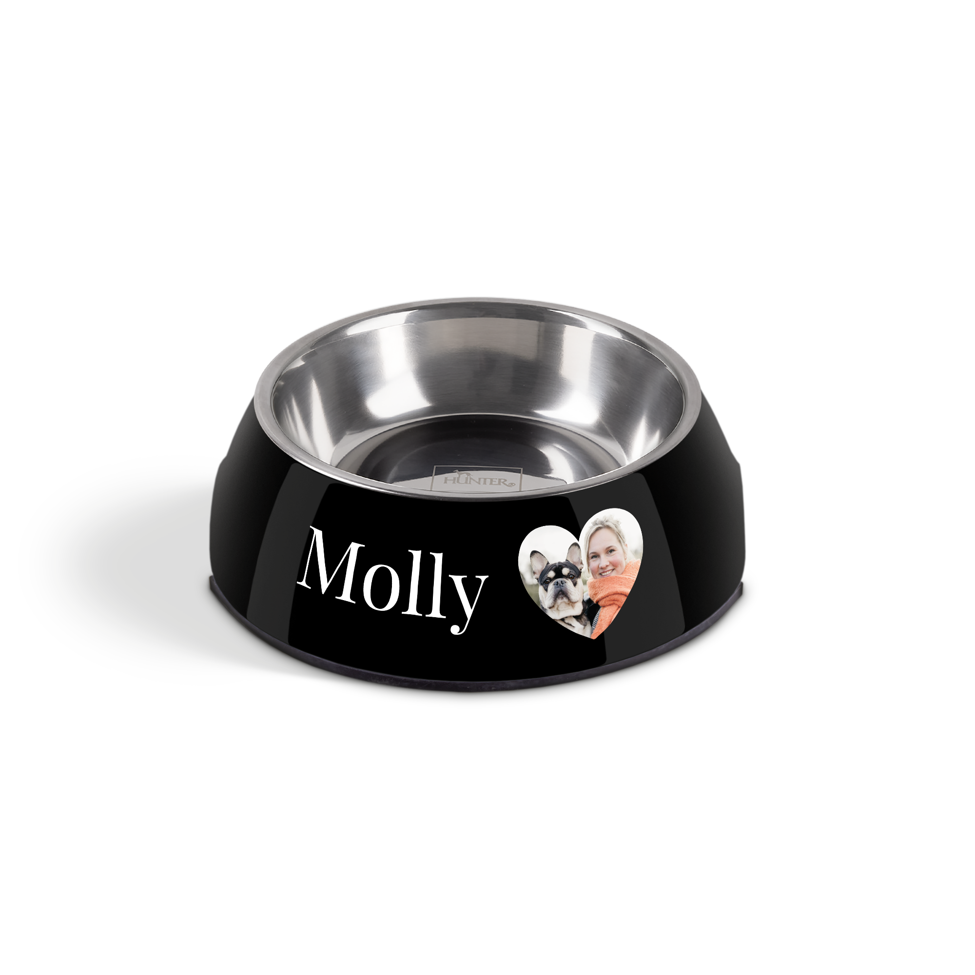 Musta yksilöllinen ruokakulho, jossa nimi Molly ja kuva koirasta sekä naisesta.