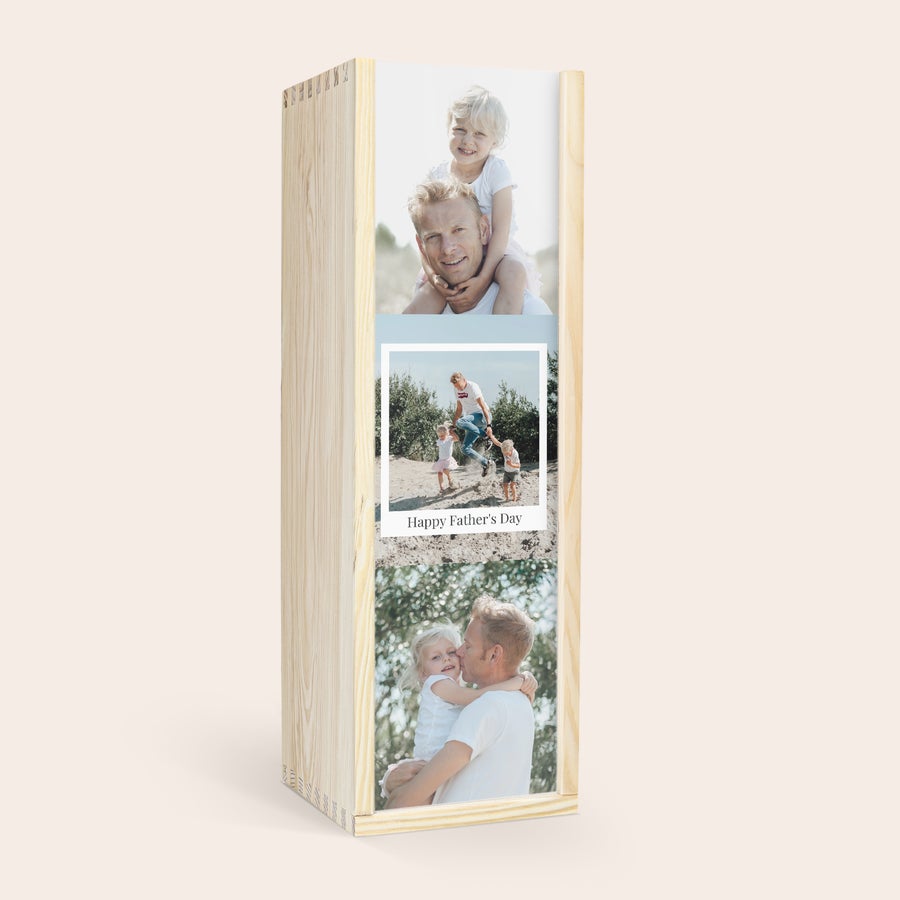 20 de ani ai lui Graham Cutie personalizată din lemn pentru sticla de Graham's 20 de ani, imprimată cu trei fotografii de familie și textul Happy Father's Day.