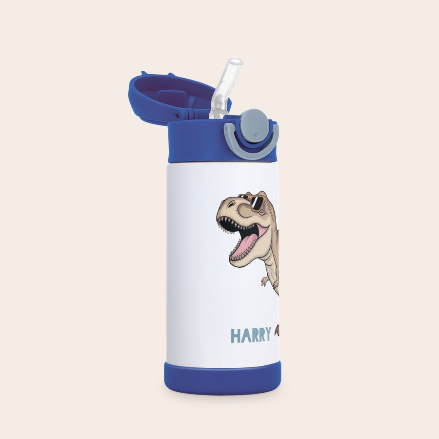 Sticlă de apă pentru copii cu fotografie Sticlă de apă personalizată pentru copii din oțel inoxidabil, albă cu dinozaur cool și numele Harry imprimat, capac albastru cu pai.