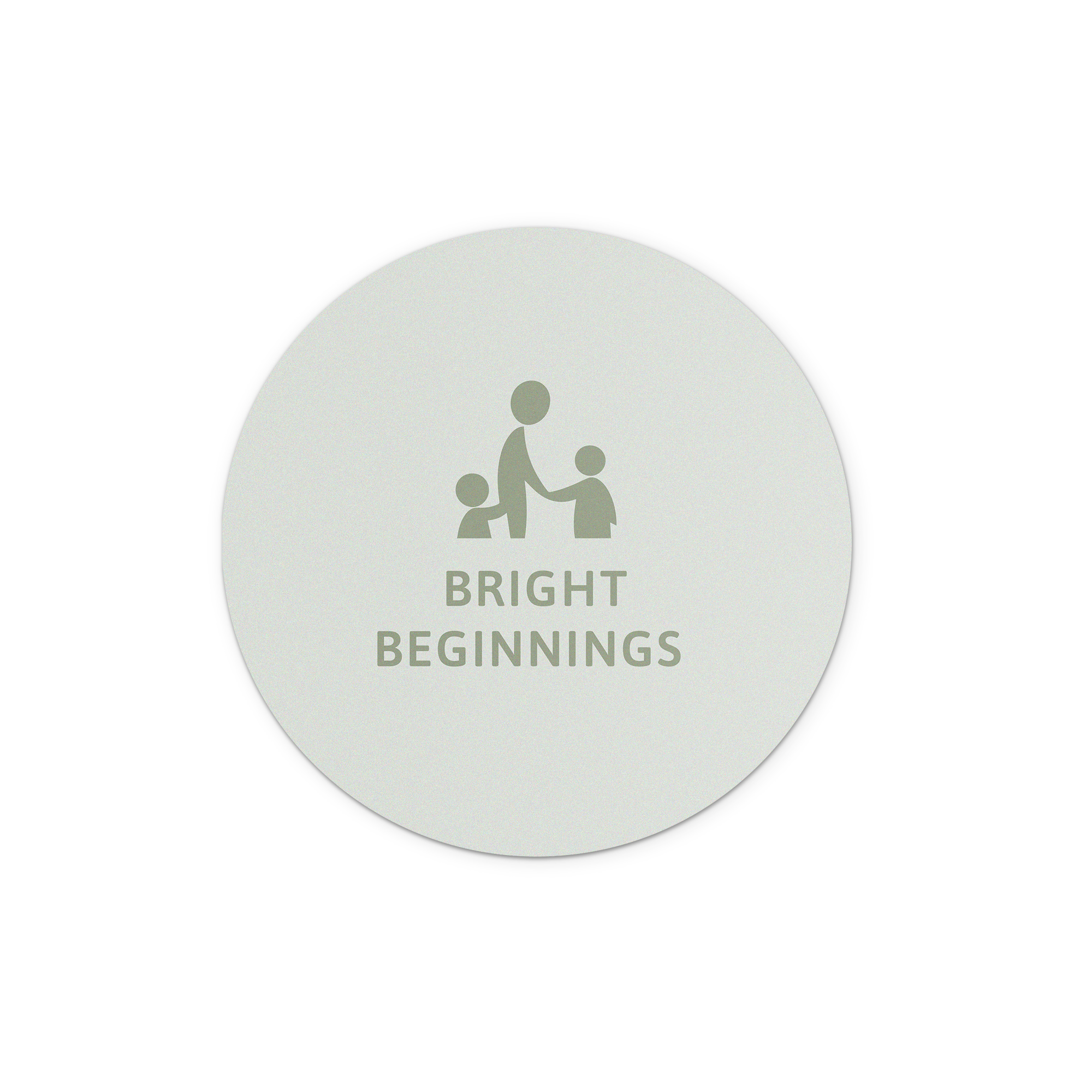 Pyöreä koristele seinäsi puisella seinätaidepaneelilla omalla kuvalla painettuna, teksti "BRIGHT BEGINNINGS" ja perhesiluettikuva