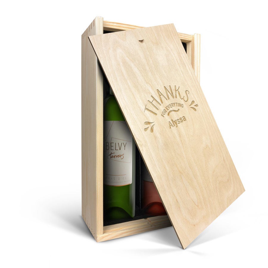 Personalised wine gift - Belvy - White and rose - Engraved wooden case