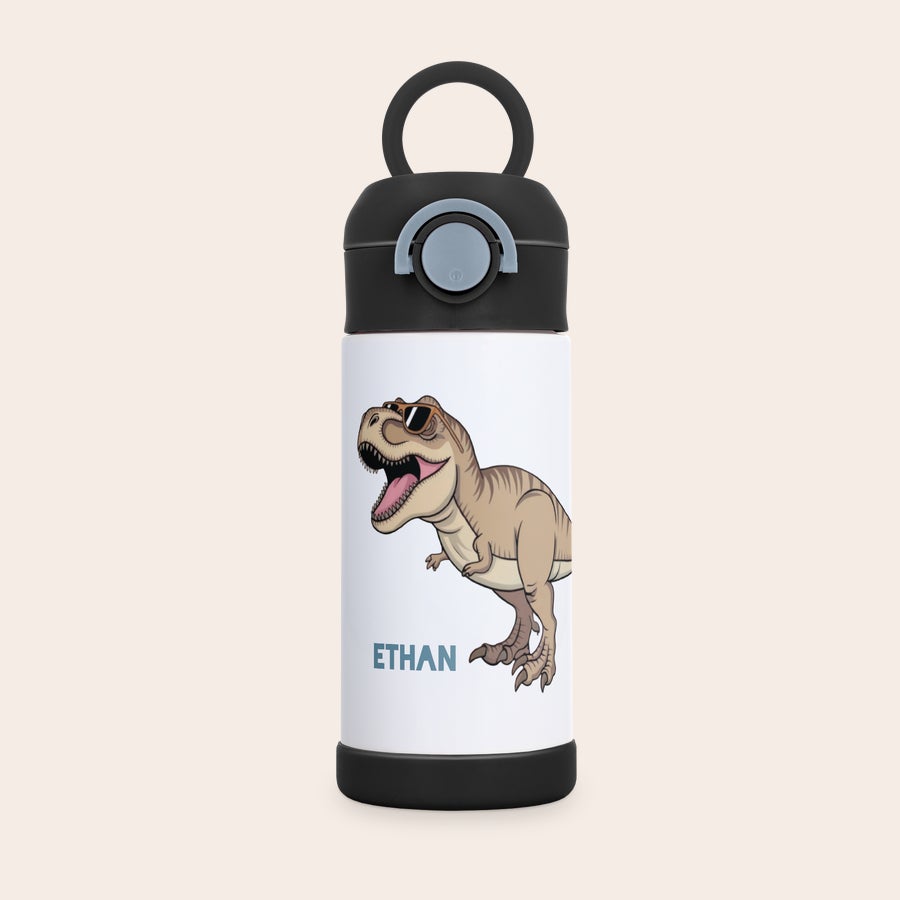 Botella de agua para niños con foto Botella de agua de acero inoxidable para niños, personalizada con un dinosaurio en gafas de sol y el nombre "Ethan" impreso.