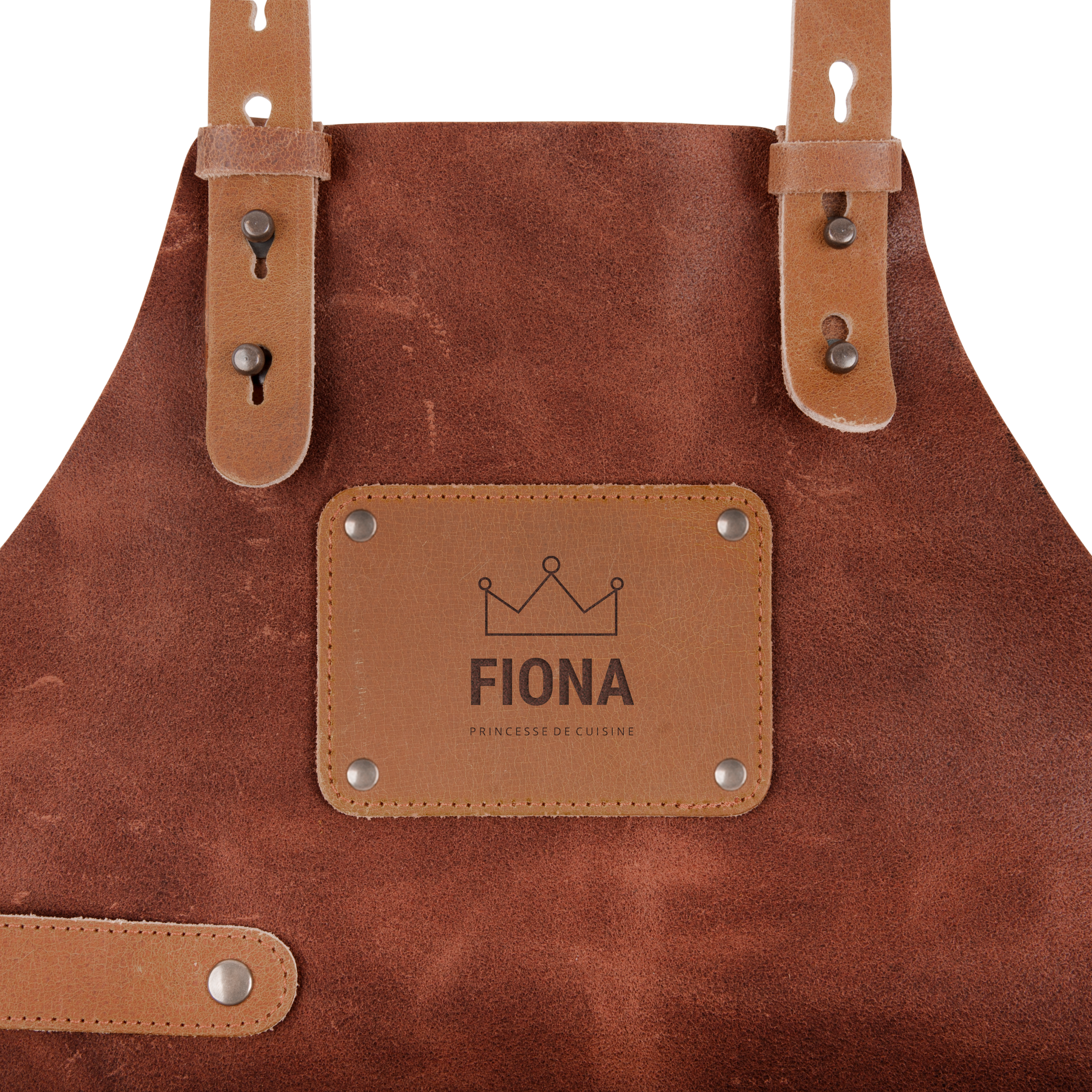Tablier de cuisine en cuir marron personnalisé avec le prénom Fiona et une couronne