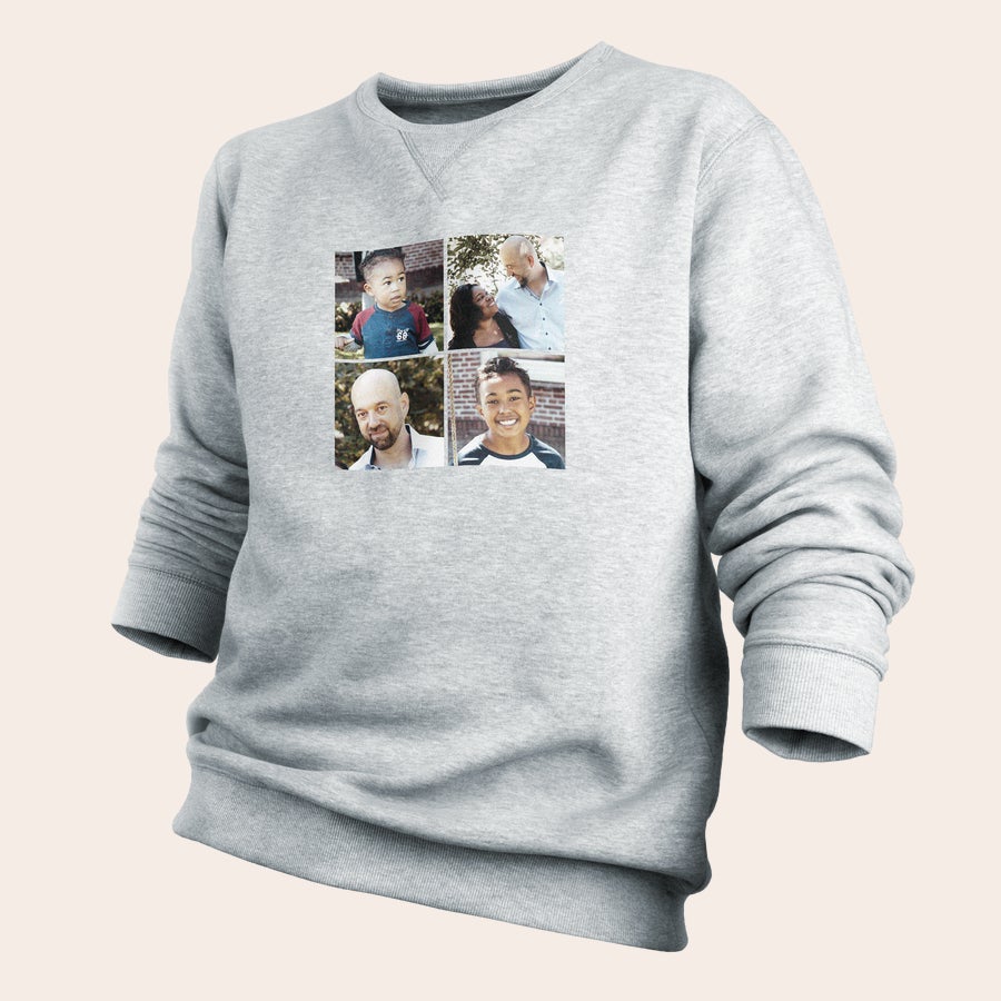 Men's sweater Gray personal sweater printed with four custom photos, featuring a man, a child, and a couple.