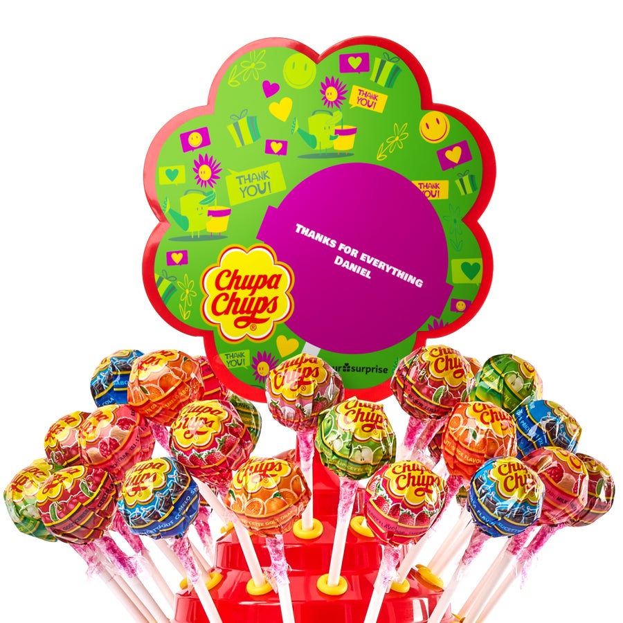 Turn Chupa Chups personalizat, cu 100 de acadele asortate și mesajul "Thanks for everything Daniel".