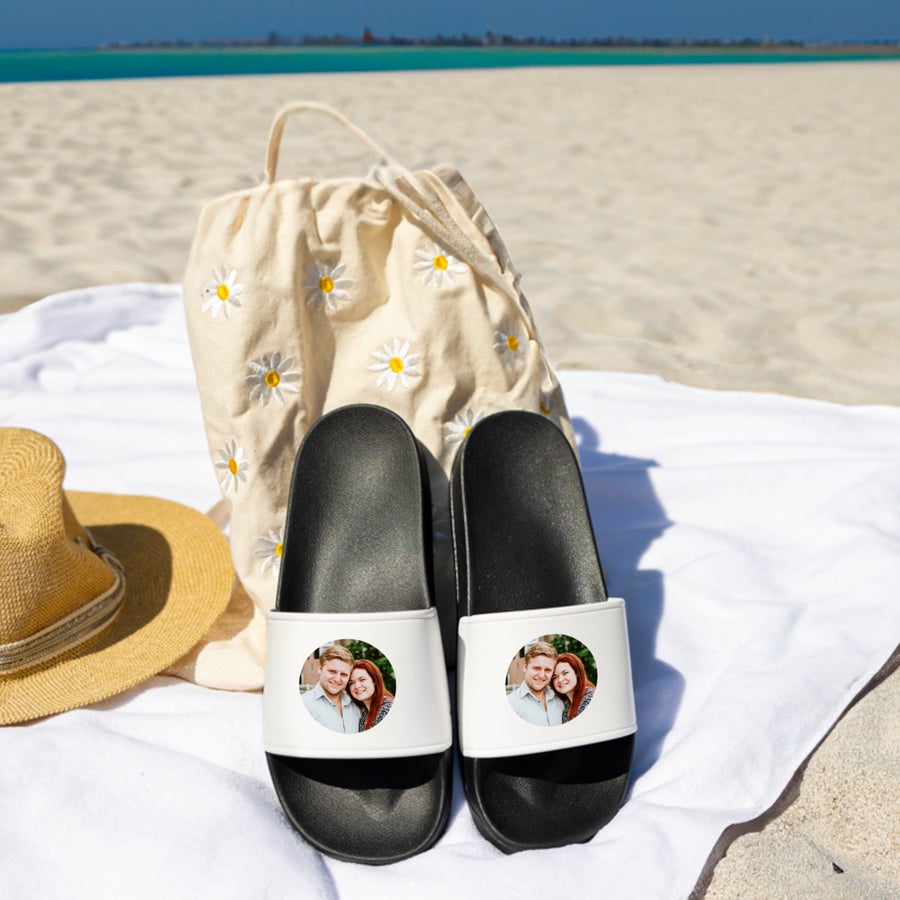 Personalised sliders Personalised sliders with a photo of a couple, perfect for summer on a beach towel