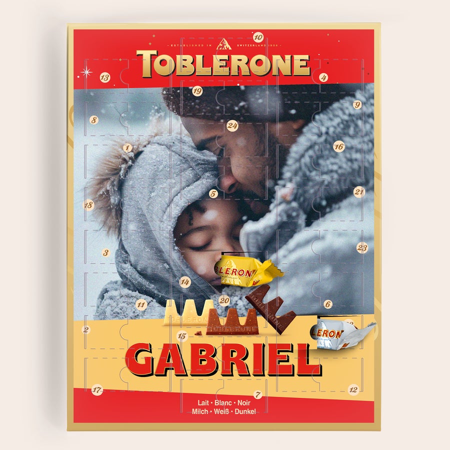 Personliga Adventskalender - Toblerone 2025 Räkna ned till jul med denna personliga adventskalender med eget foto, namn Gabriel och Toblerone-choklad.
