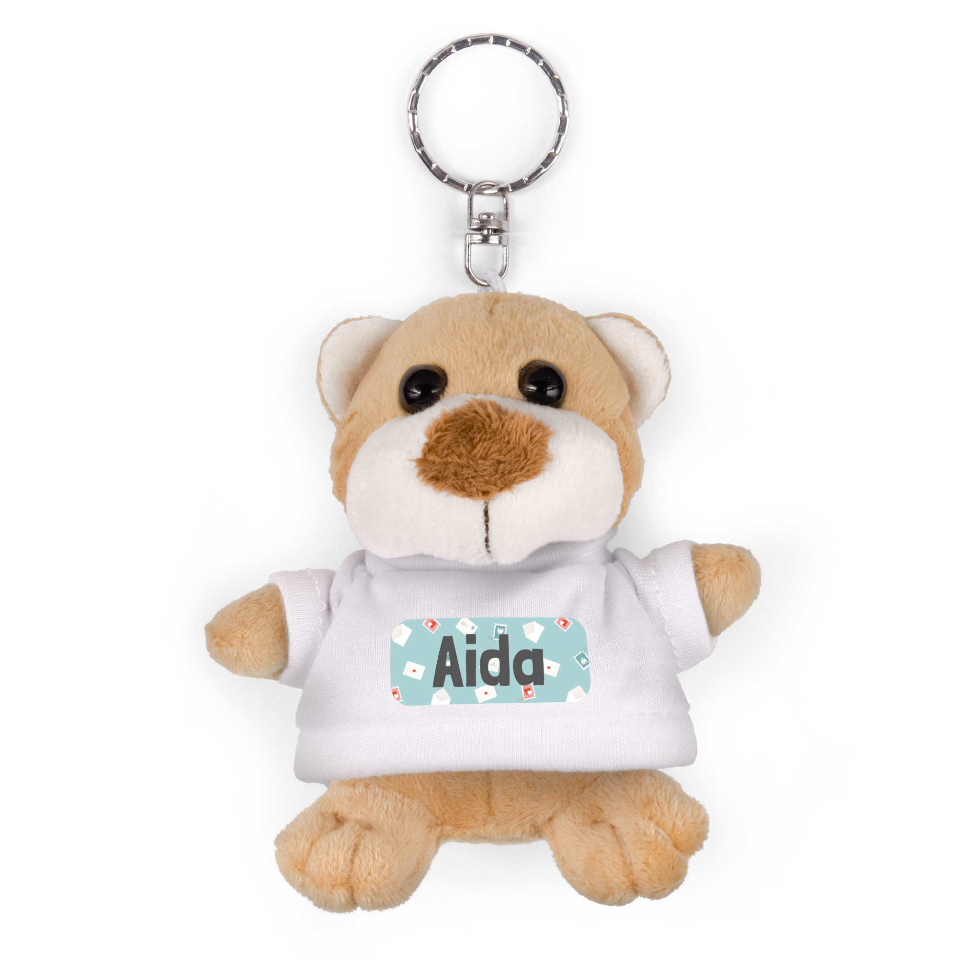 Chaveiro de urso de peluche com nome "Aida" impresso na t-shirt, um presente personalizado.