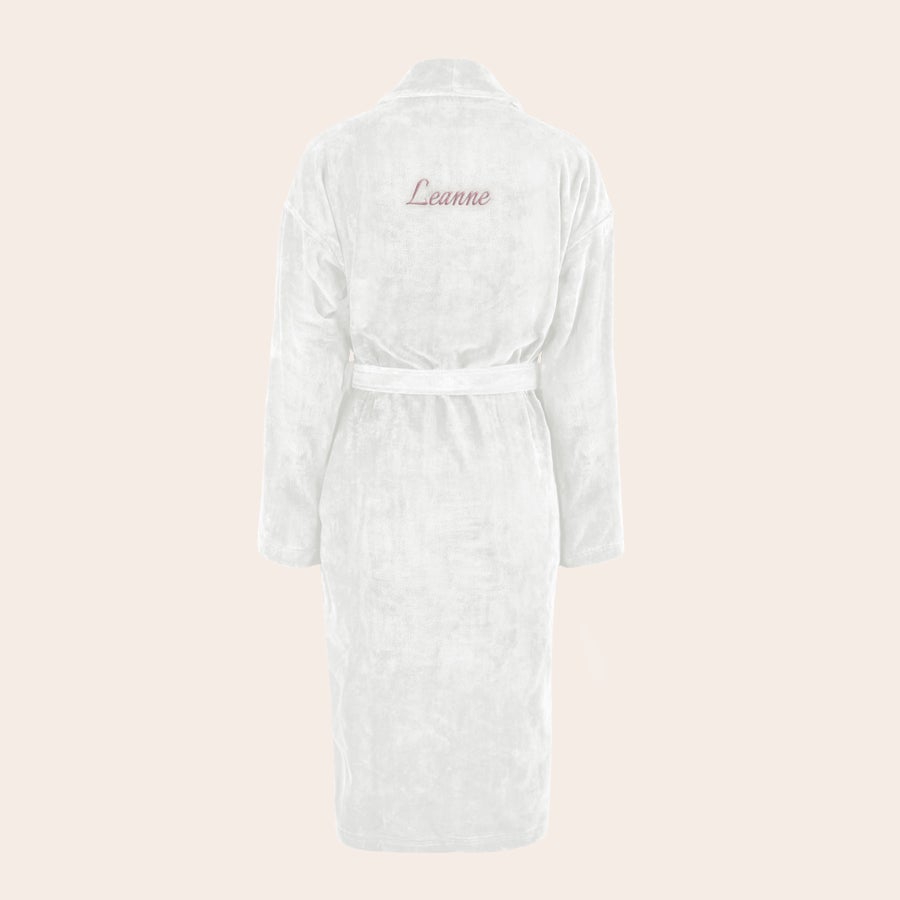 Accappatoio Donna Personalizzato Morbido accappatoio bianco in cotone con nome Leanne ricamato in rosa, un regalo personalizzato.