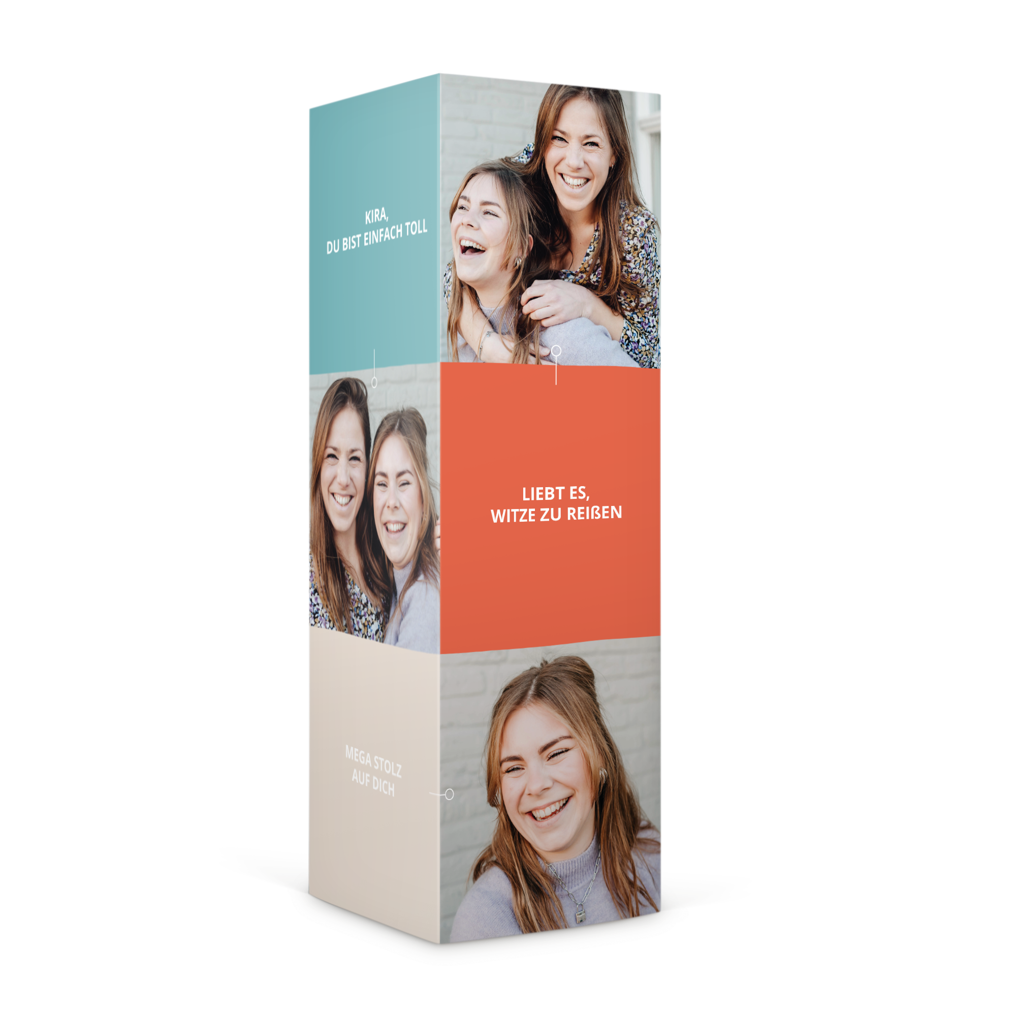 Personalisierte Lollipop-Geschenkbox, bedruckt mit Fotos und Text wie "KIRA, DU BIST EINFACH TOLL" und "MEGA STOLZ AUF DICH".