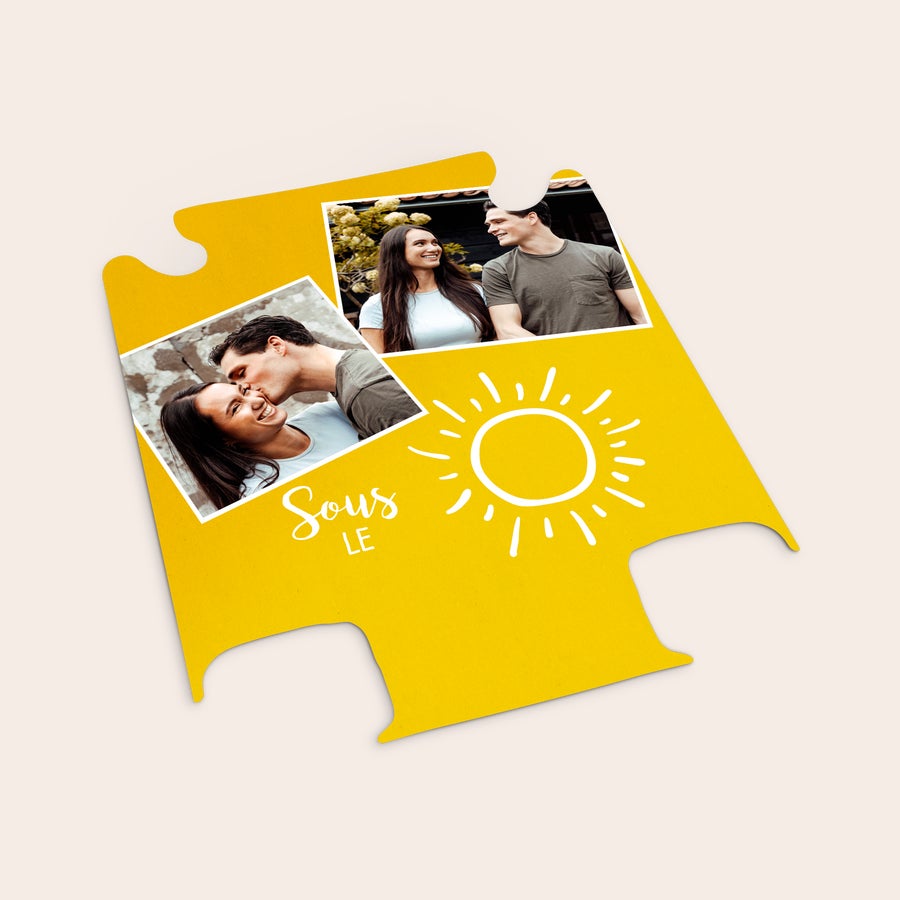 Valise cabine personnalisée Visuel interchangeable jaune pour valise, imprimé avec des photos de couple et "Sous le Soleil"