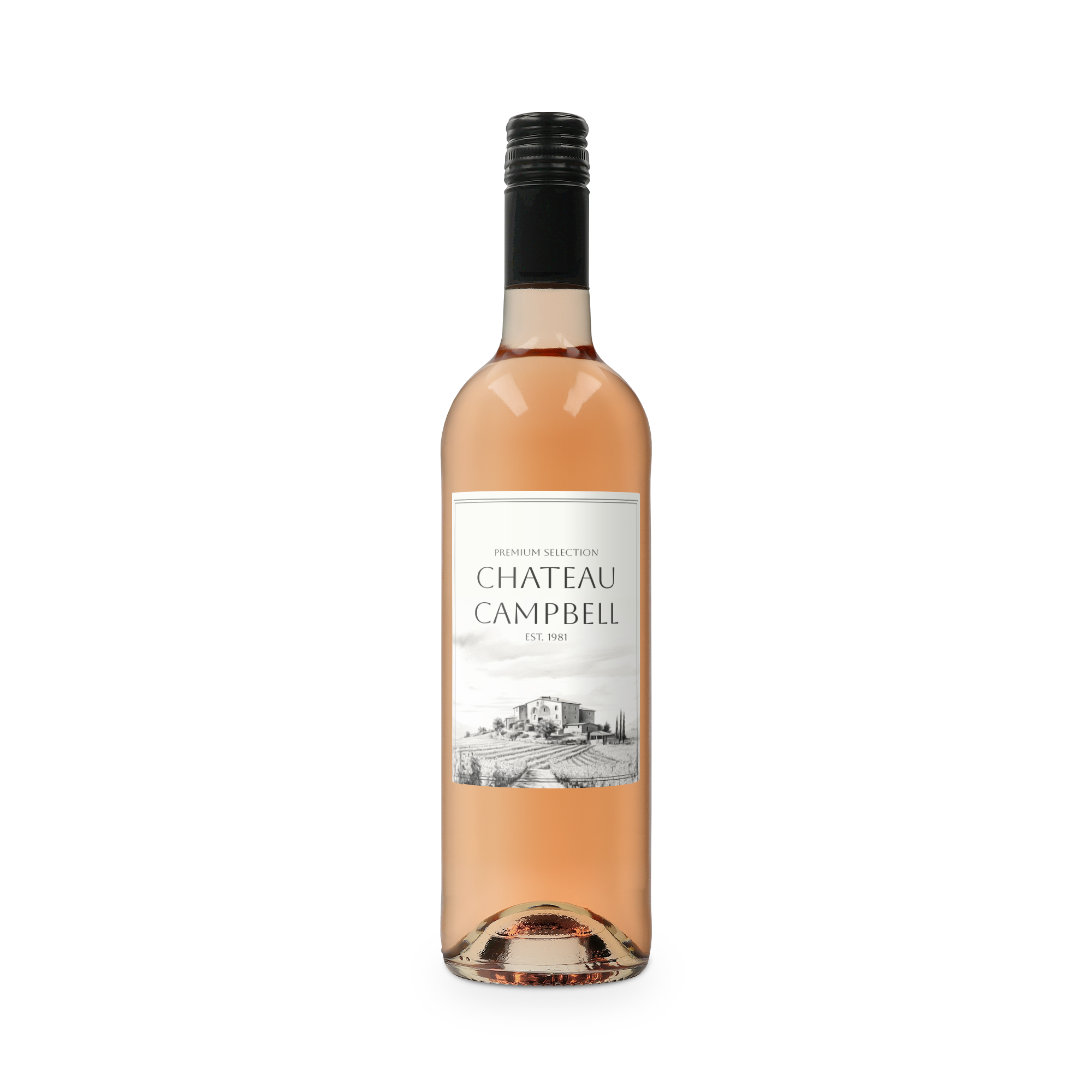 Botella de vino rosado Belvy con etiqueta blanca impresa. La etiqueta muestra la imagen de un viñedo y el texto Chateau Campbell.