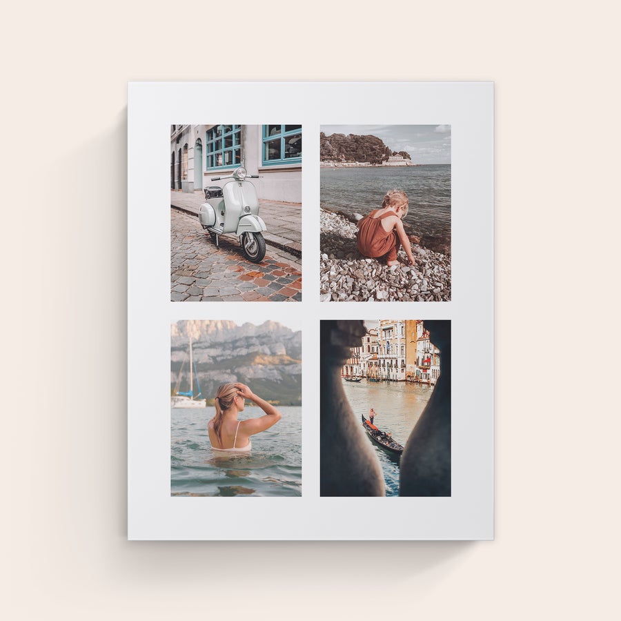 Foto impressa em tela Colagem personalizada de 4 fotos em tela linnen, com paisagens de viagem e pessoas, nós imprimimos suas fotos mais bonitas em uma tela real linnen.