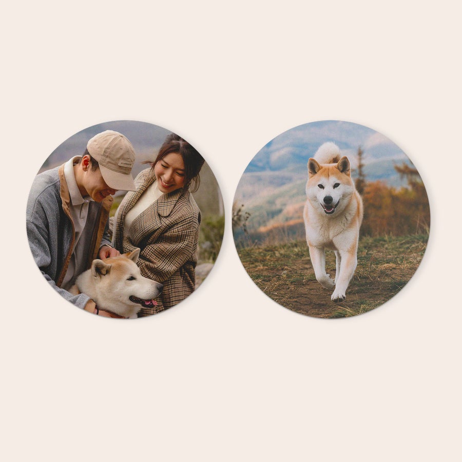 Personlige veggpaneler To runde forex veggpaneler med egne bilder av et par med hund og en hund som løper.
