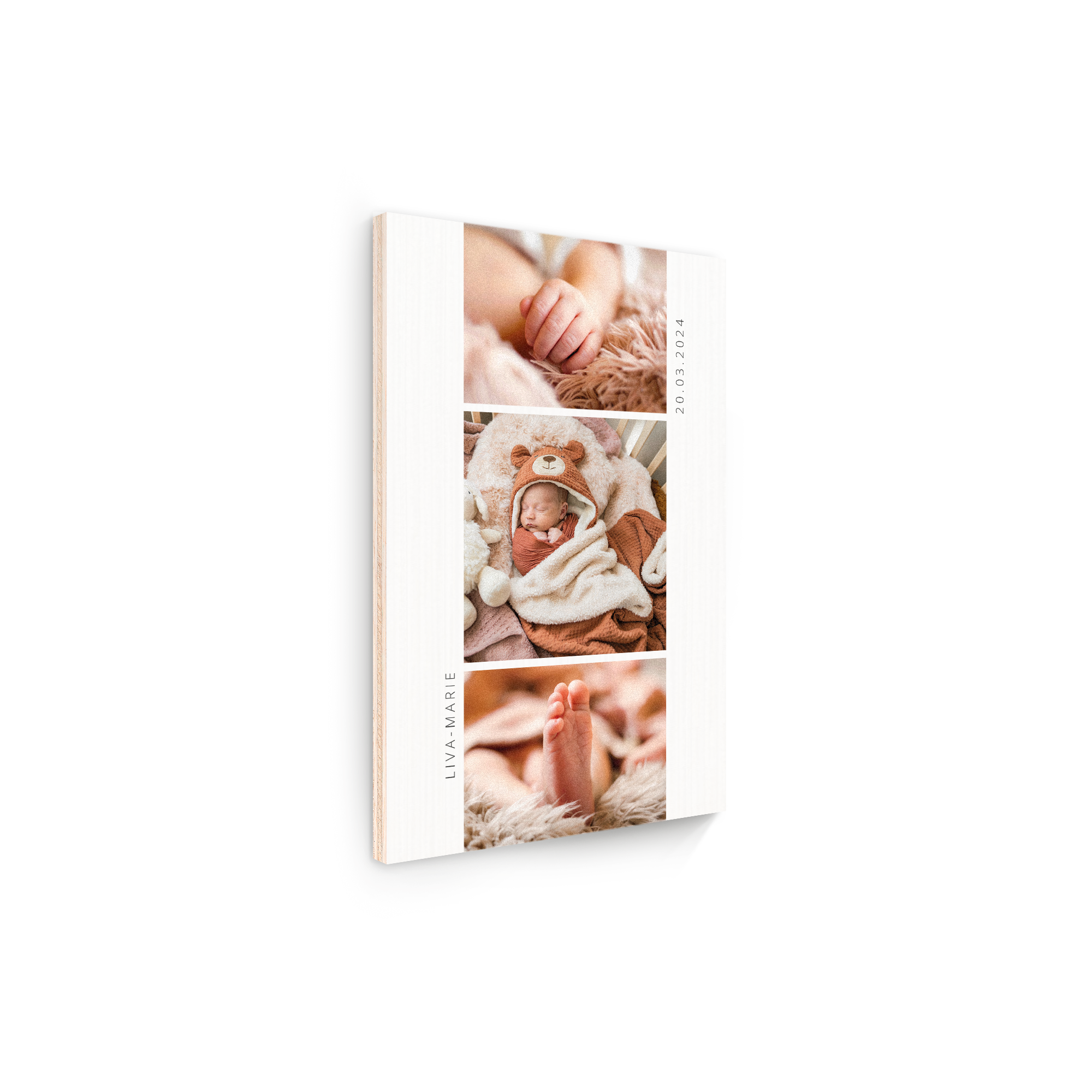 Holzplatte mit personalisiertem Foto eines Babys, bedruckt mit dem Namen LIVA-MARIE und dem Datum 20.03.2024.