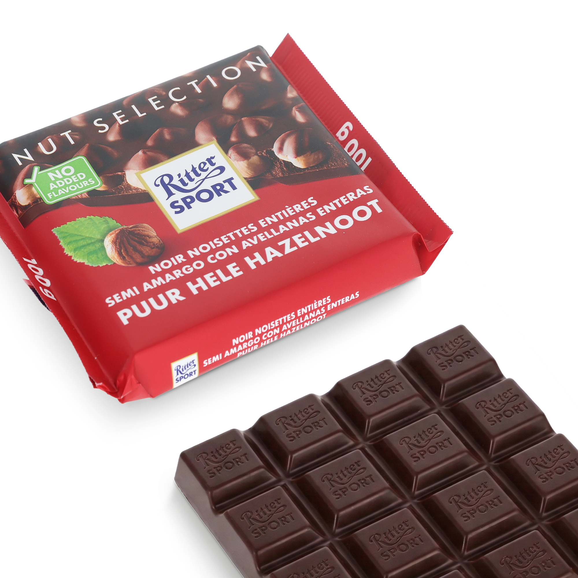 Personalisierte Schokolade Ritter Sport Dunkle Haselnuss, verpackt in roter Folie, bereit zur individuellen Gestaltung mit einem persönlichen Namen oder einer Nachricht.