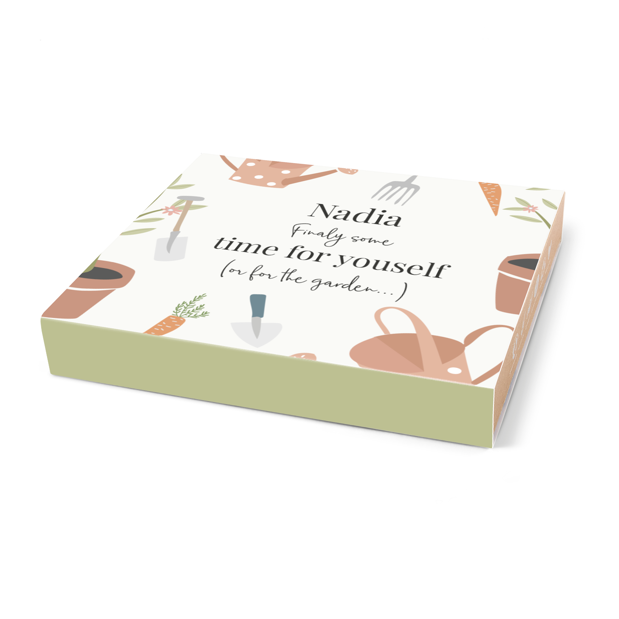Scatola regalo esplosiva con nome Nadia e testo personalizzato, fantasia attrezzi da giardino stampata