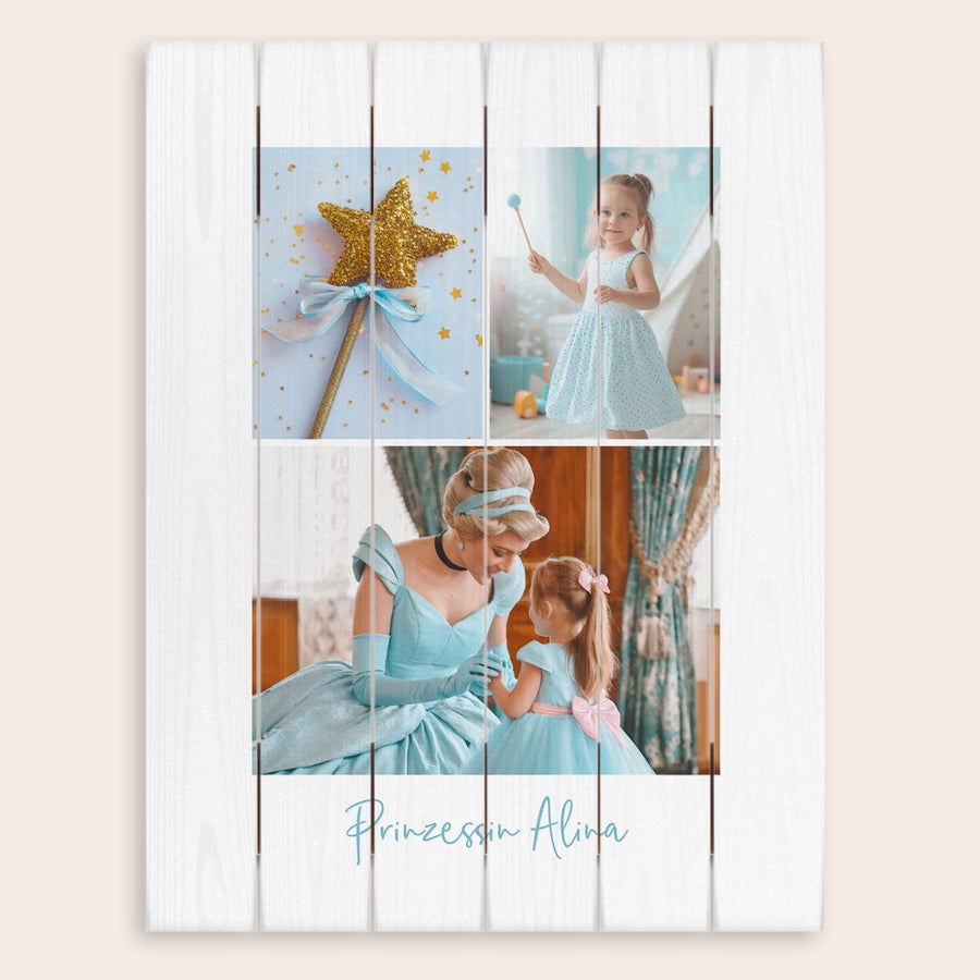 Foto auf Holz Dein Foto auf Holz, mit drei Bildern und dem Namen Prinzessin Alina bedruckt.