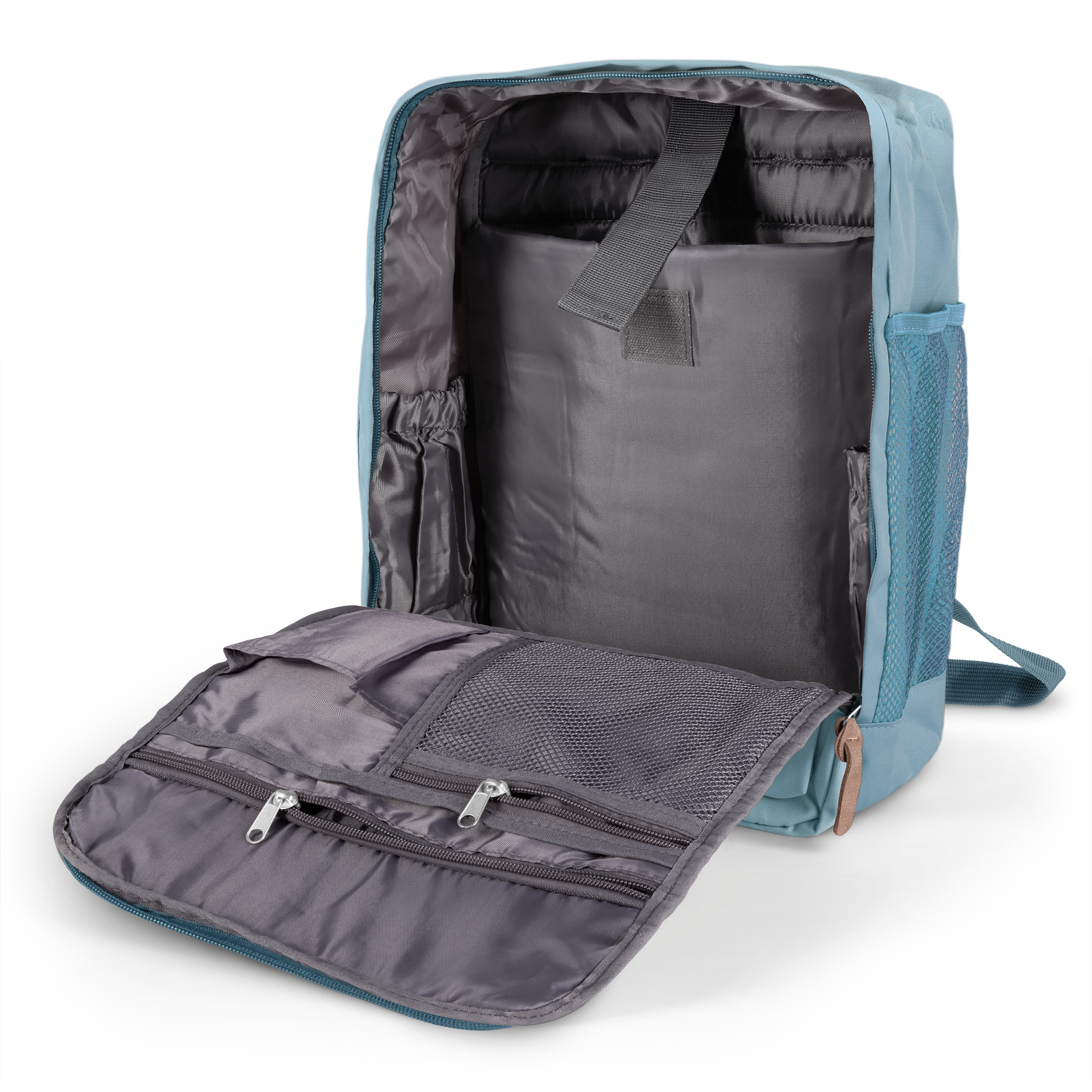 Mochila azul de tela abierta mostrando compartimentos internos, con un bolsillo lateral de malla, personalizable con tu nombre.