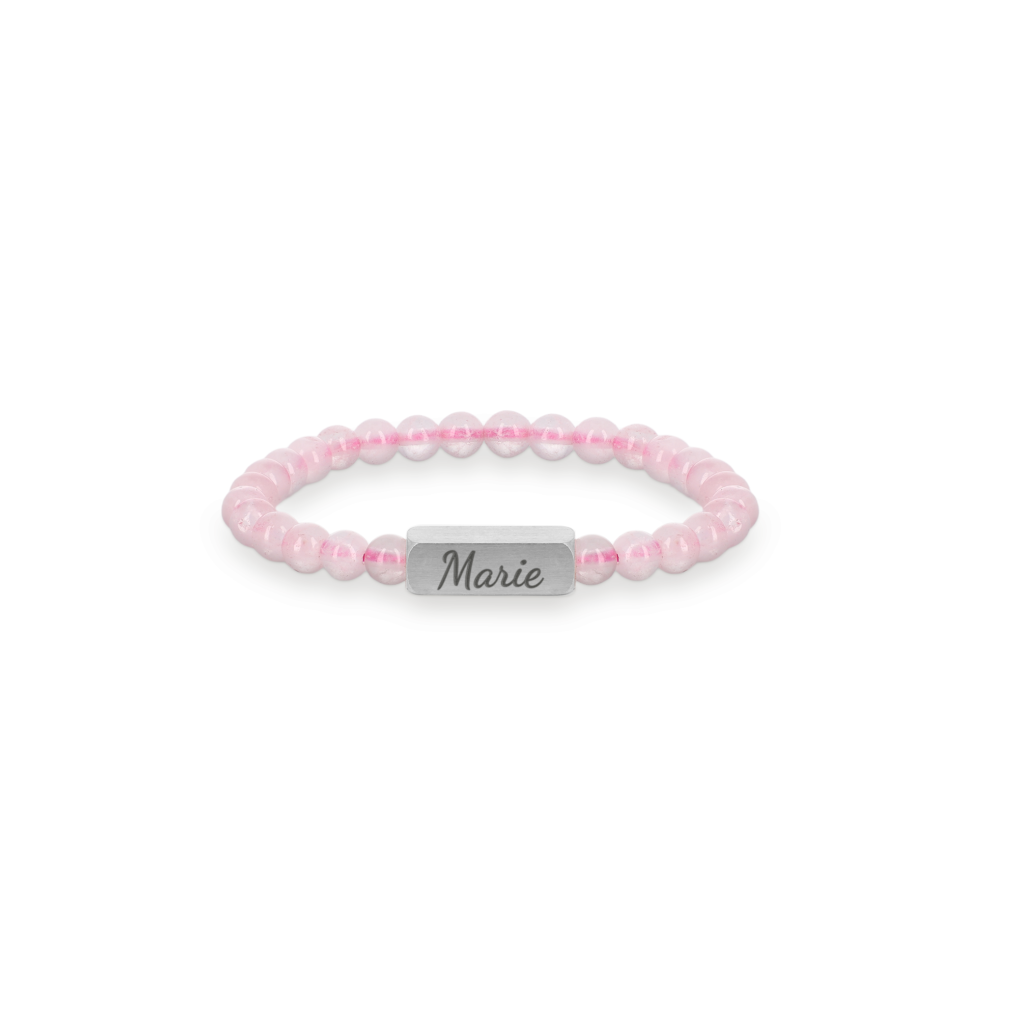 Armbånd med gravert rosenkvarts - Barn - XS - 4 mm - Sølv, med navnet Marie gravert på et sølvfarget anheng.