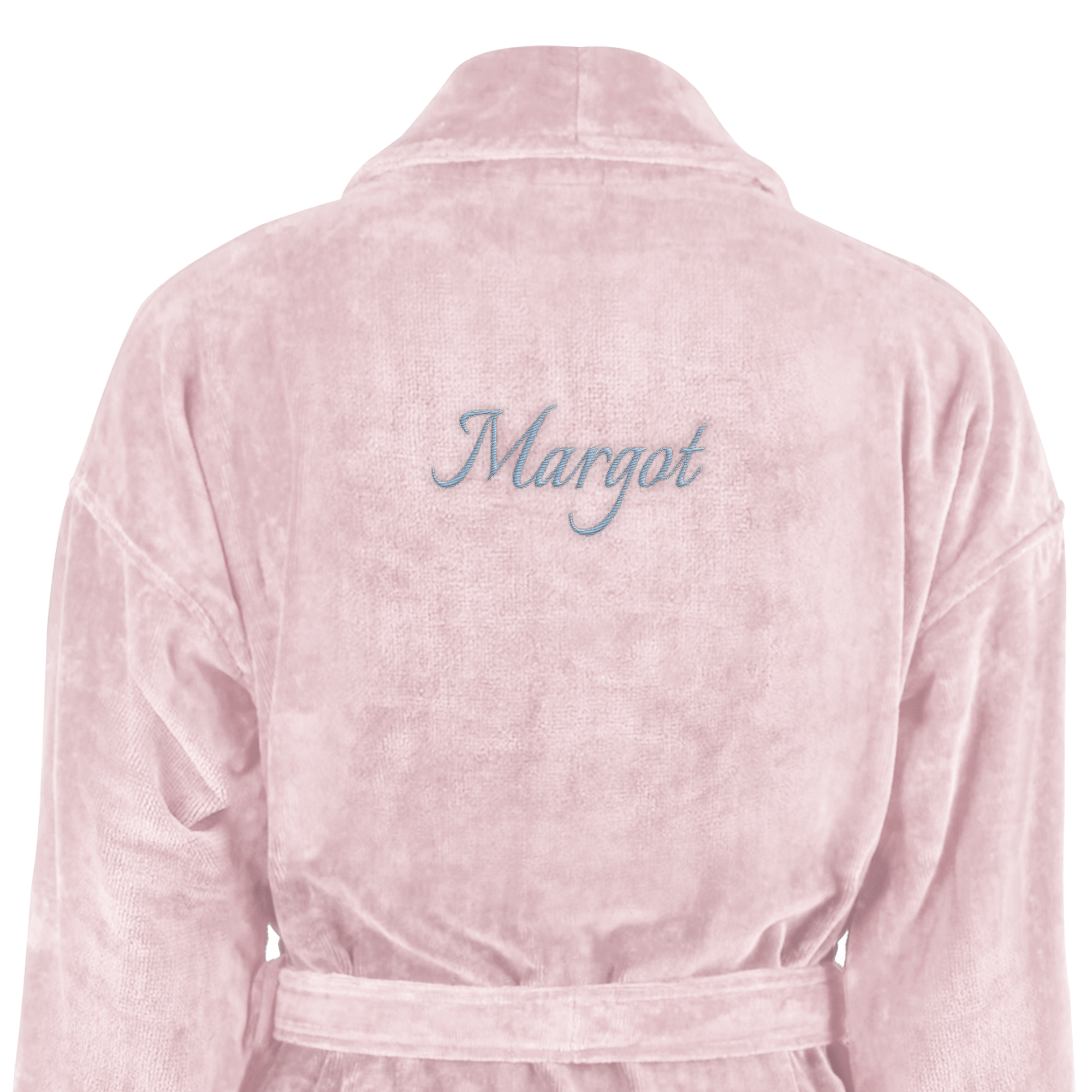 Peignoir rose personnalisé brodé du prénom Margot en bleu clair, un luxueux peignoir avec ceinture à nouer.