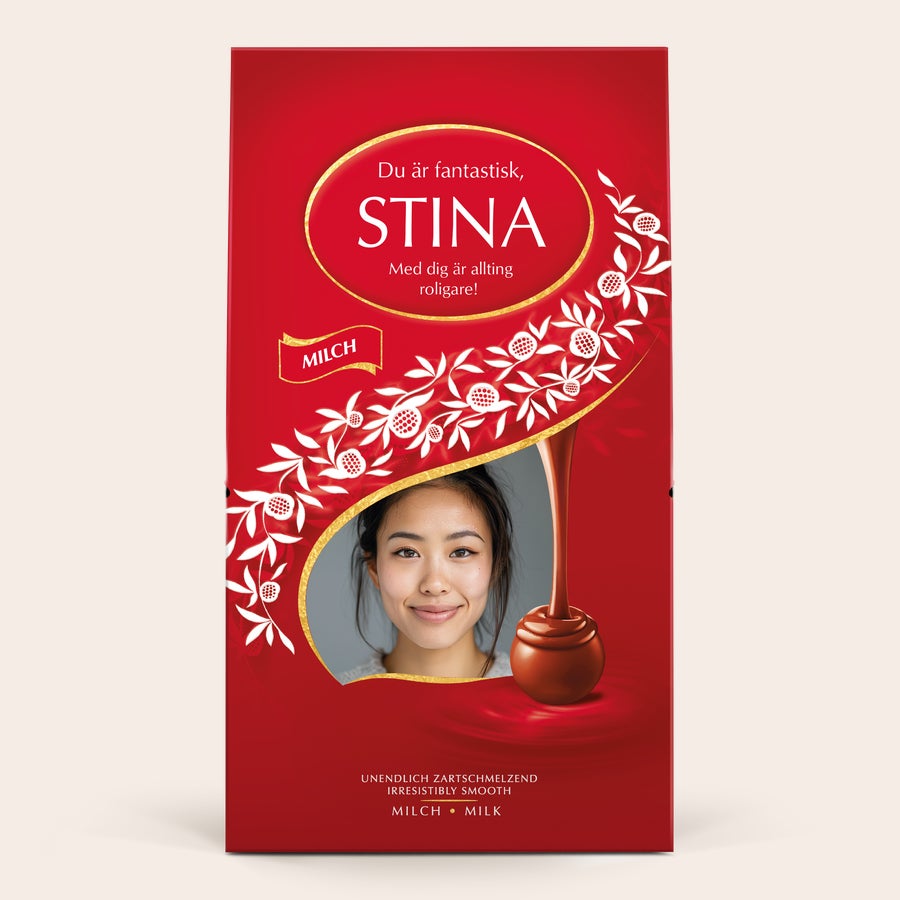 Lindt 1kg choklad presentförpackning Överraska med en personlig 1 kg Lindor mjölkchoklad presentförpackning med foto, namn och text