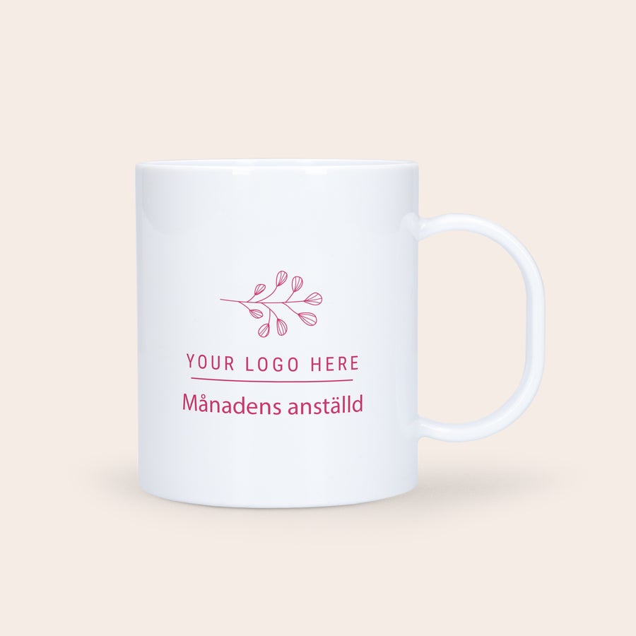 Tryckt Plast-mugg Vit personlig mugg i plast med tryckt rosaröd design av en kvist och texten Your logo here Månadens anställd