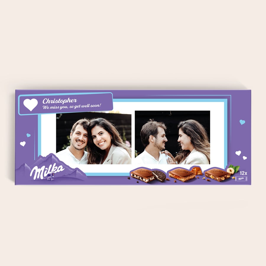 Personalizowana Mega Milka Ta tabliczka czekolady Milka w rozmiarze XXL z nadrukowanym zdjęciem i imieniem Christopher.