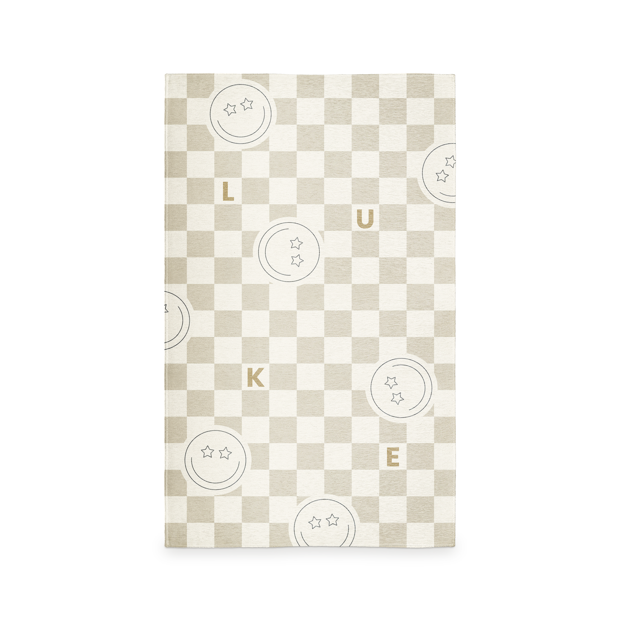 Personalisierter Spielmatte – 75 x 122 cm mit beigem Karomuster, weißem Hintergrund und aufgedruckten runden Stern-Smileys und personalisiertem Namen.