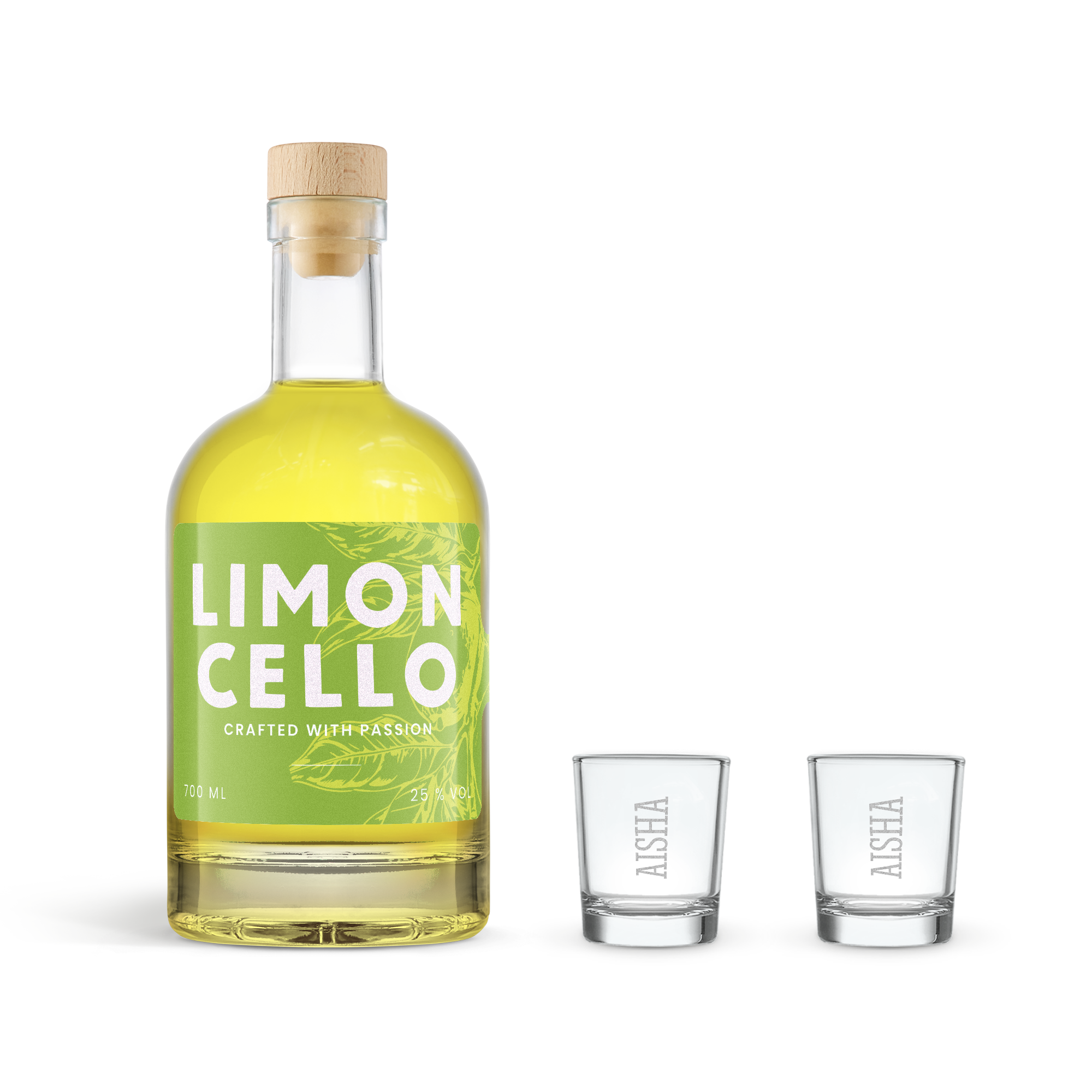 Citromsárga limoncelló italajándék üveg, hozzá illő két gravírozott shot pohárral.