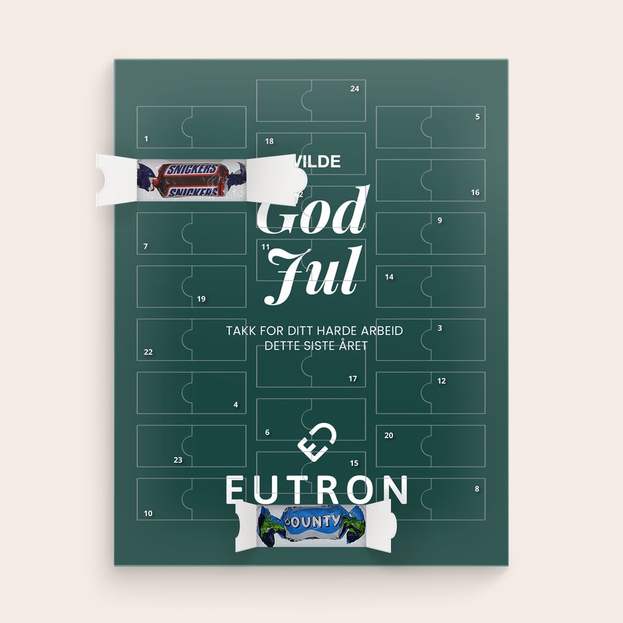 Personlig Mars Miniatures adventskalender Personlig Mars-miniatyr-adventskalender med navn og God Jul, trykt med logo og tekst.