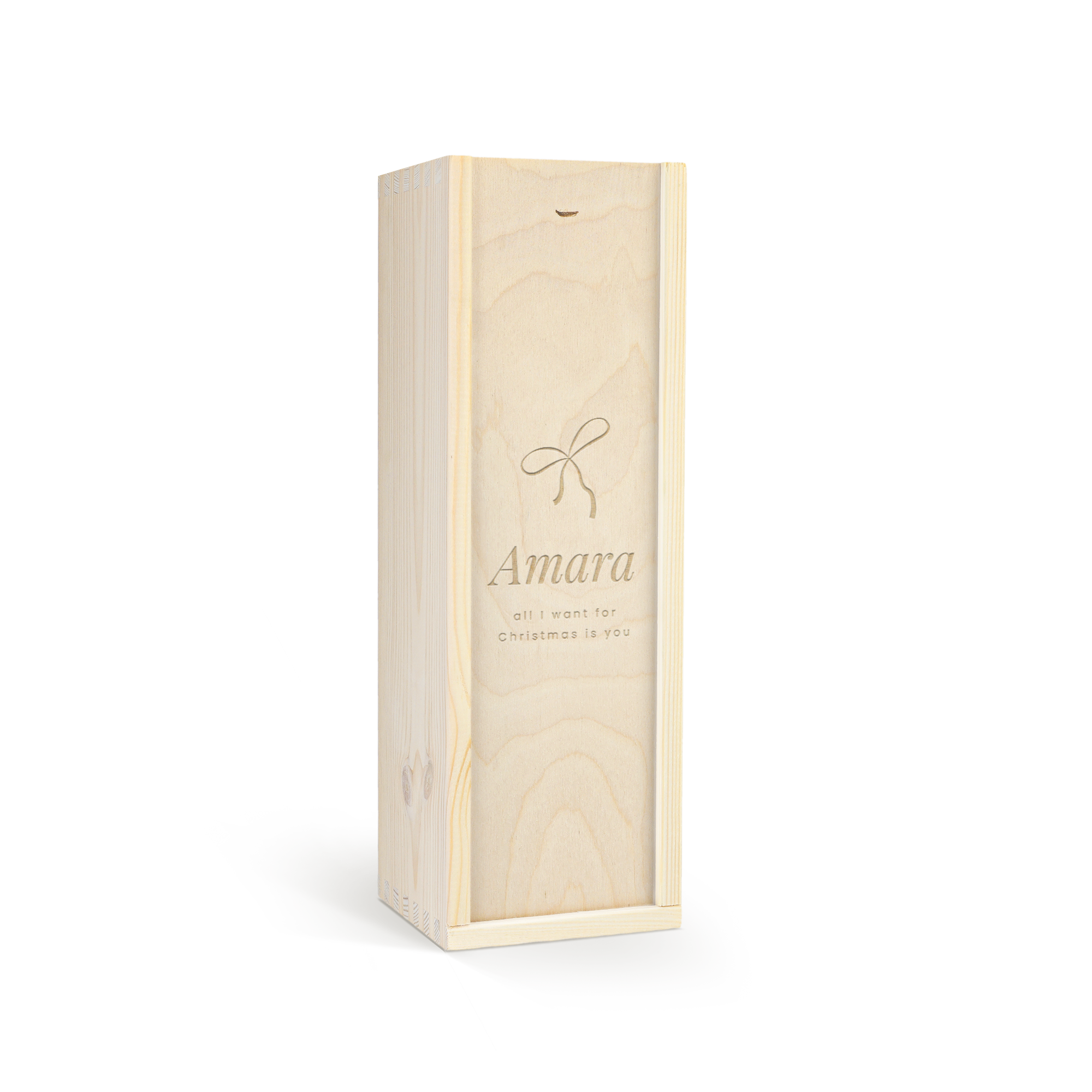 Houten kist met strik en gegraveerde tekst Amara, all I want for Christmas is you
