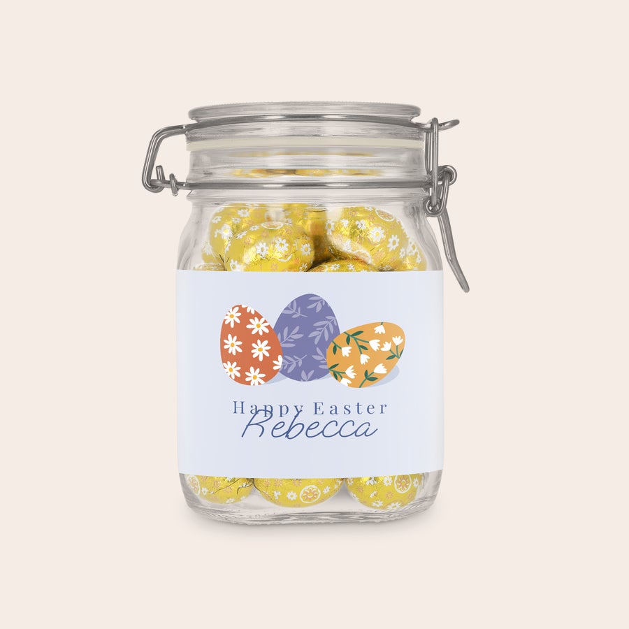 Czekoladowe jajeczka w personalizowanym słoju 1l Czekoladowe jajeczka w personalizowanym słoju 1l