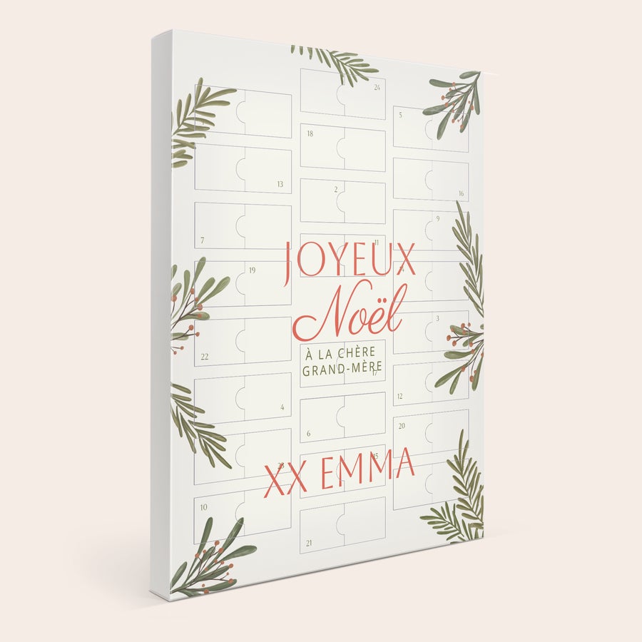 Calendrier de l'Avent personnalisé Mars Miniatures Compte à rebours de Noël calendrier de l'Avent personnalisé Joyeux Noël À LA CHÈRE GRAND-MÈRE XX EMMA imprimé avec branches de houx et baies.