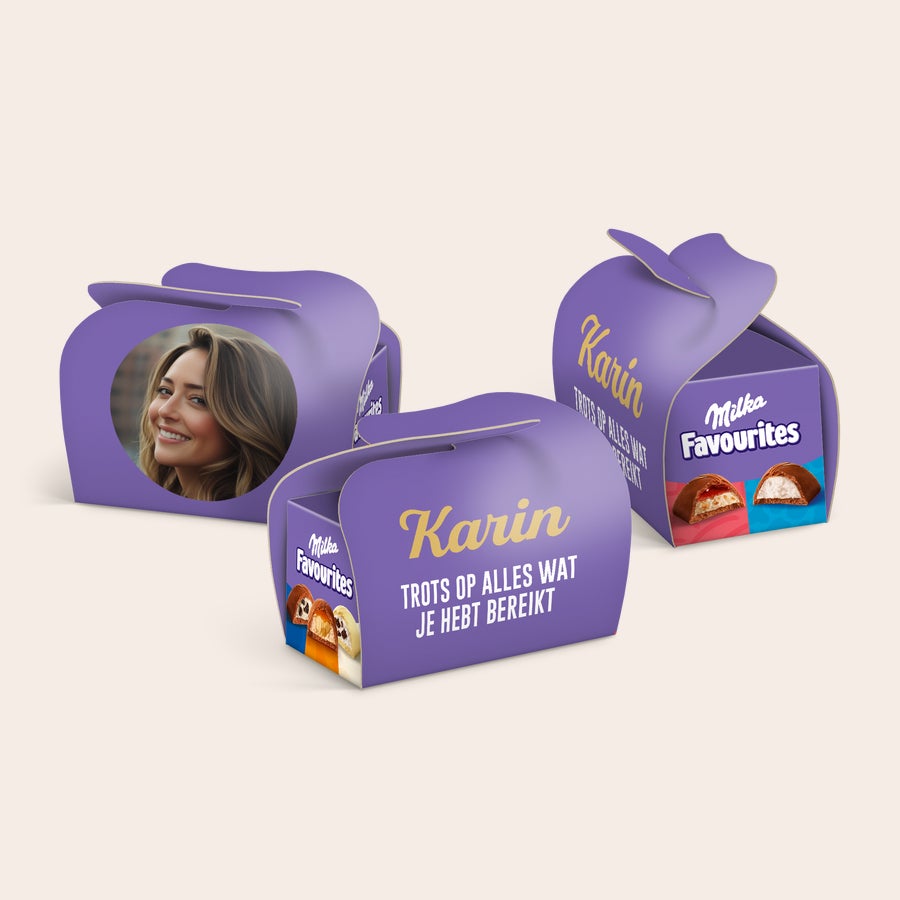 Milka favourites traktatie personaliseren Paarse Milka Favourites chocolade doosjes bedrukt met foto, naam Karin en tekst. Een vleugje paars en een heel groot gebaar.