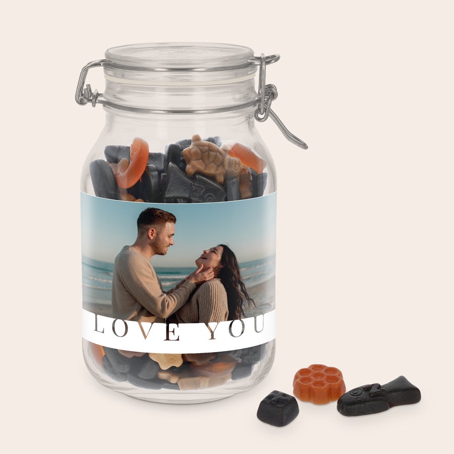 Personalised sweet jar Personalized sweet jar with liquorice mix, printed with a photo of a couple and the text LOVE YOU
